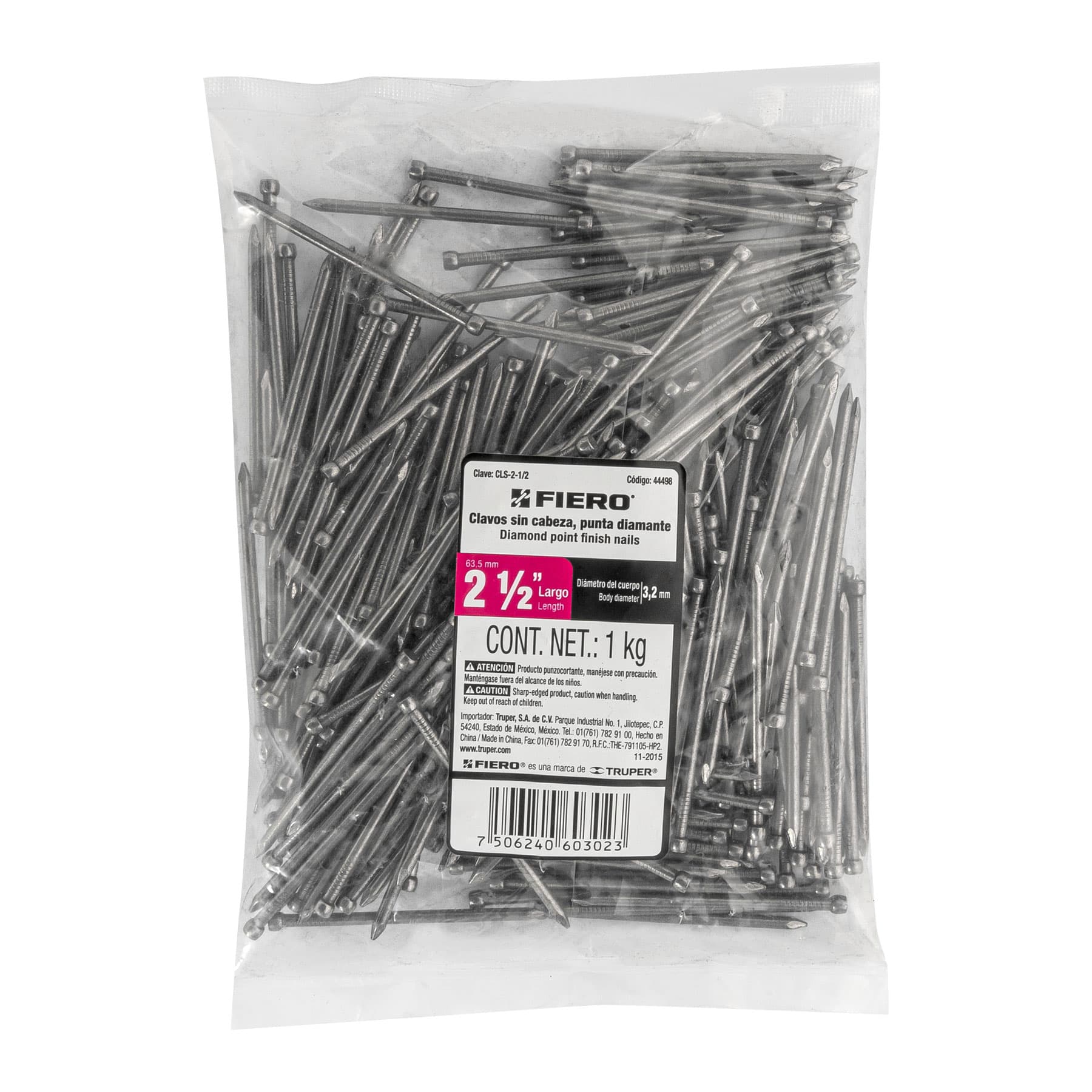 Bolsa con 1 kg de clavo estándar 2-1/2" sin cabeza, FIERO
