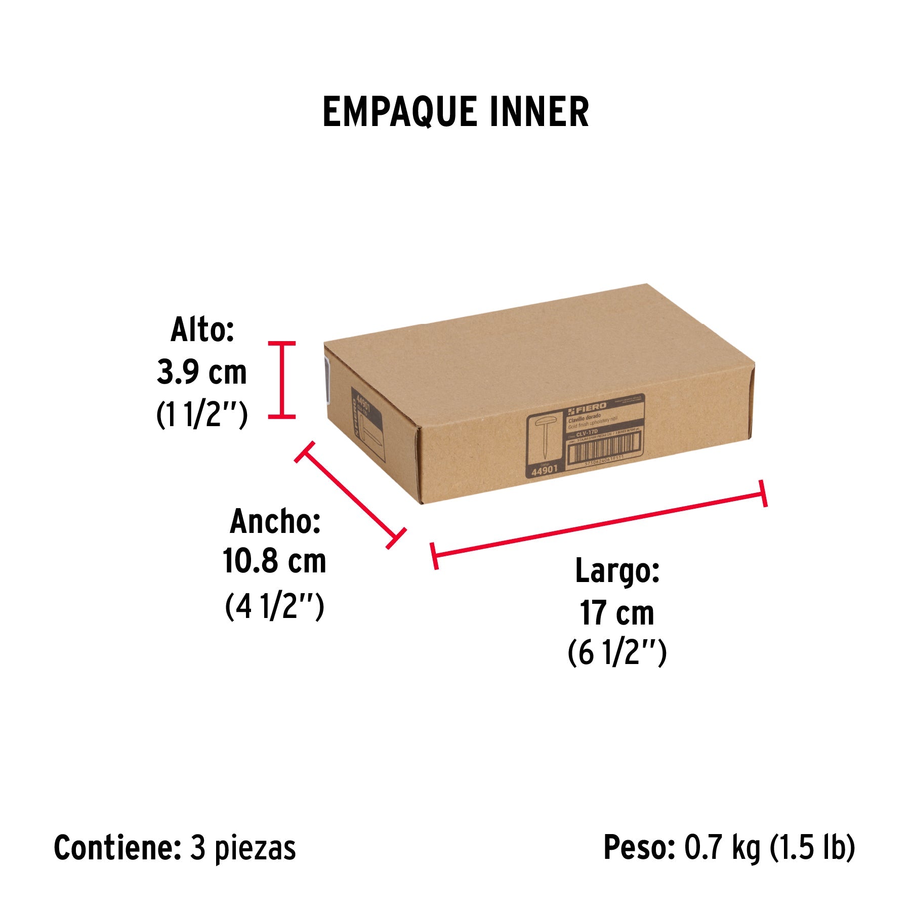 Caja con 500 clavillos dorados de 17 mm, FIERO - Empaque