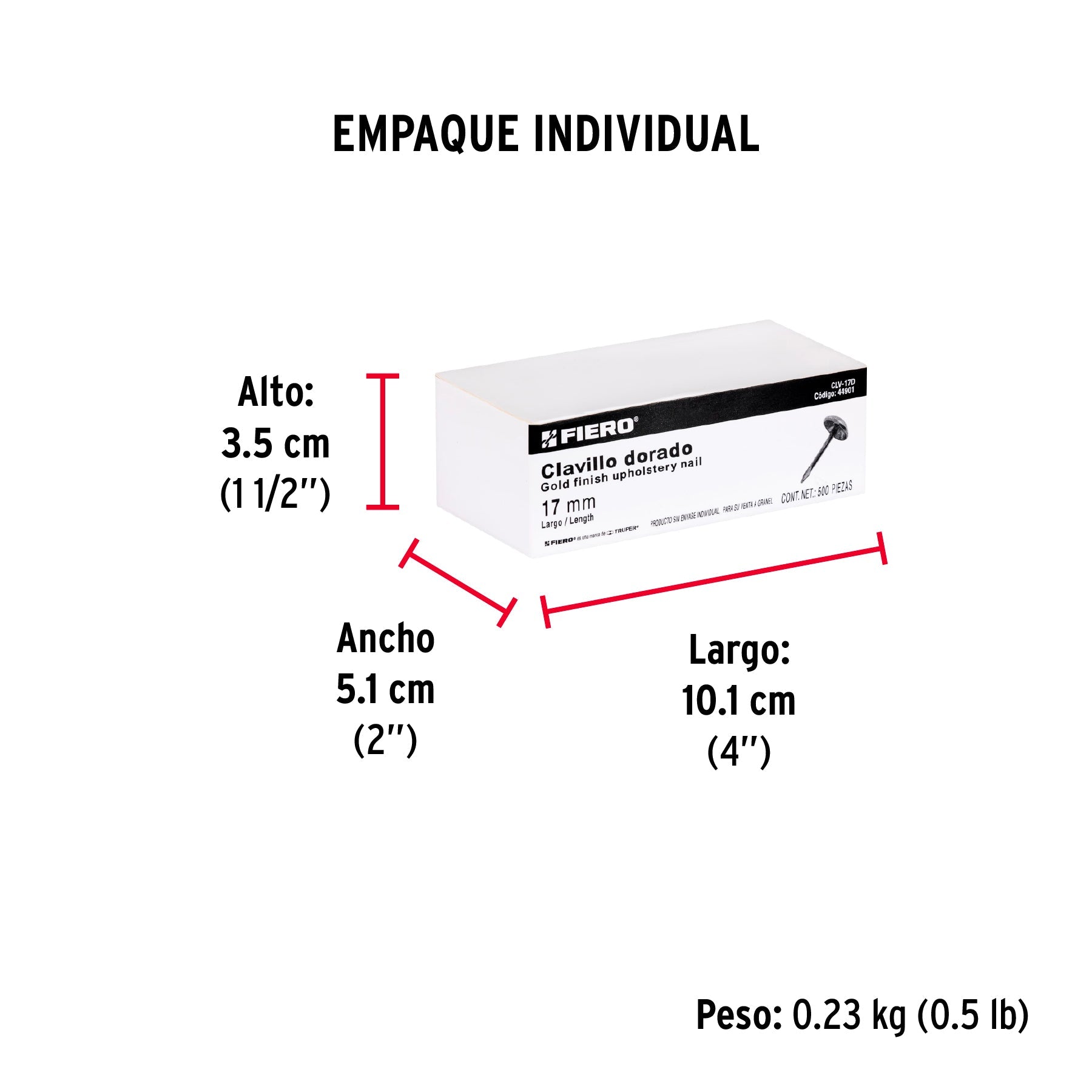 Caja con 500 clavillos dorados de 17 mm, FIERO - Empaque