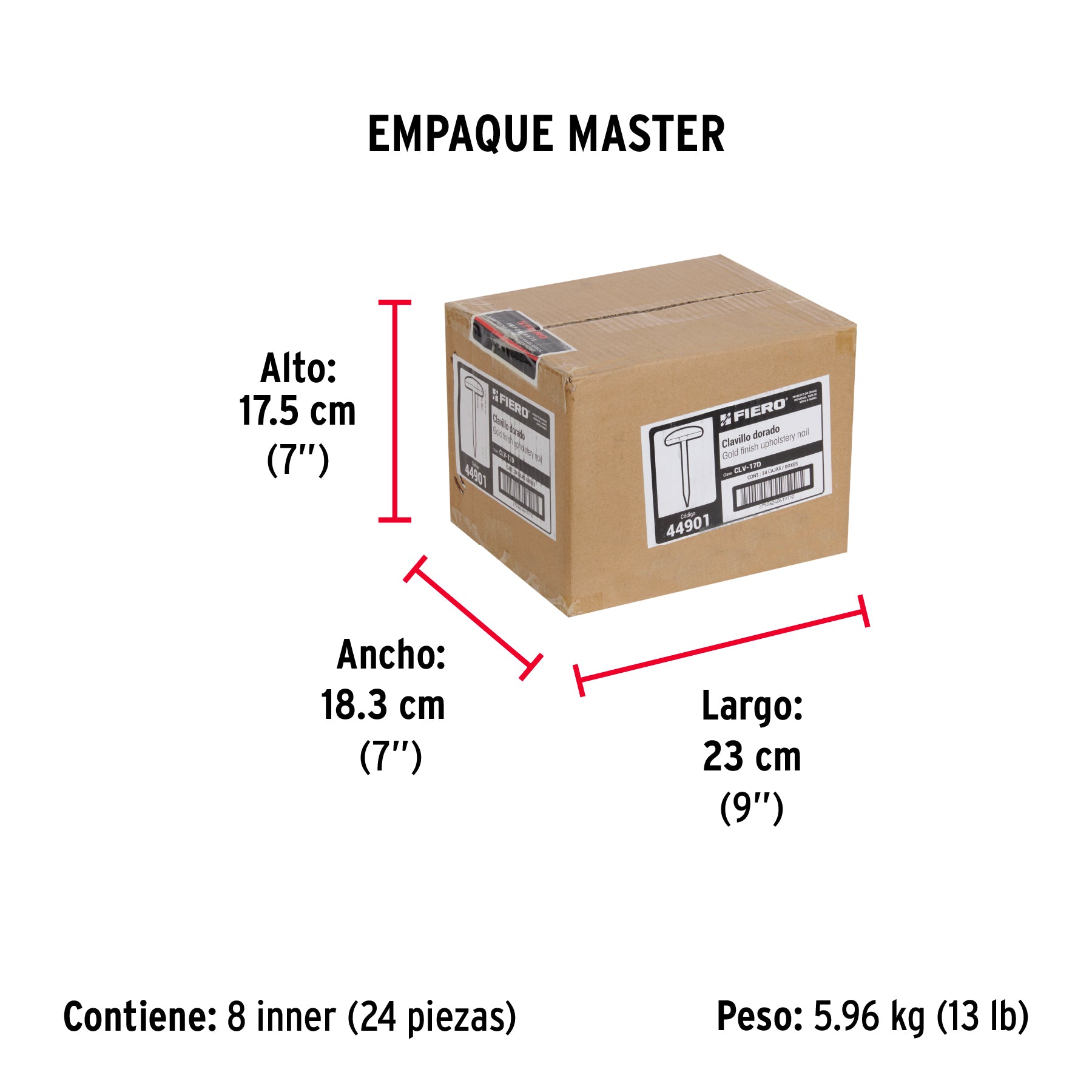 Caja con 500 clavillos dorados de 17 mm, FIERO - Empaque