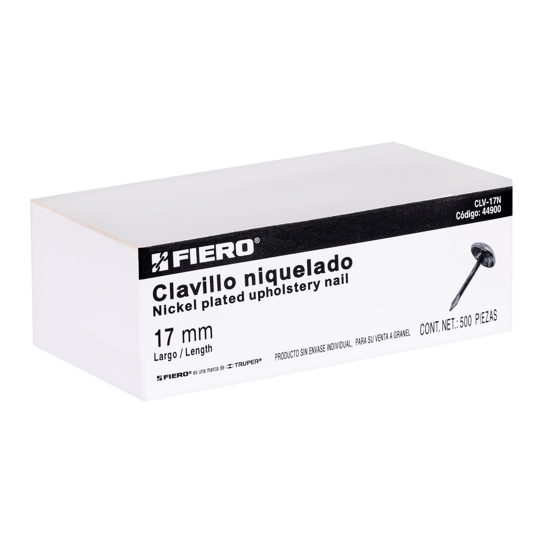 Caja con 500 clavillos niquelados de 17 mm, FIERO