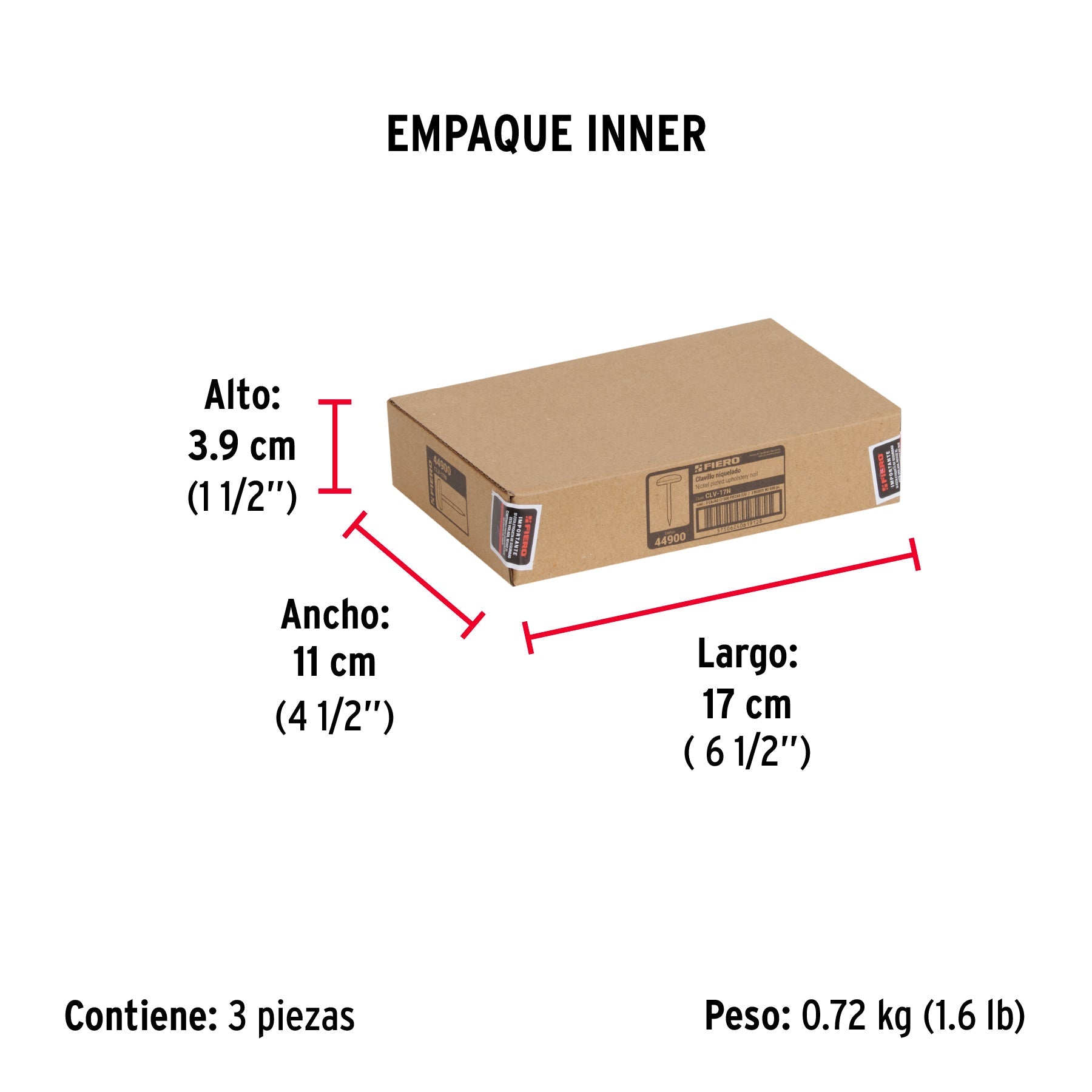 Caja con 500 clavillos niquelados de 17 mm, FIERO - Empaque