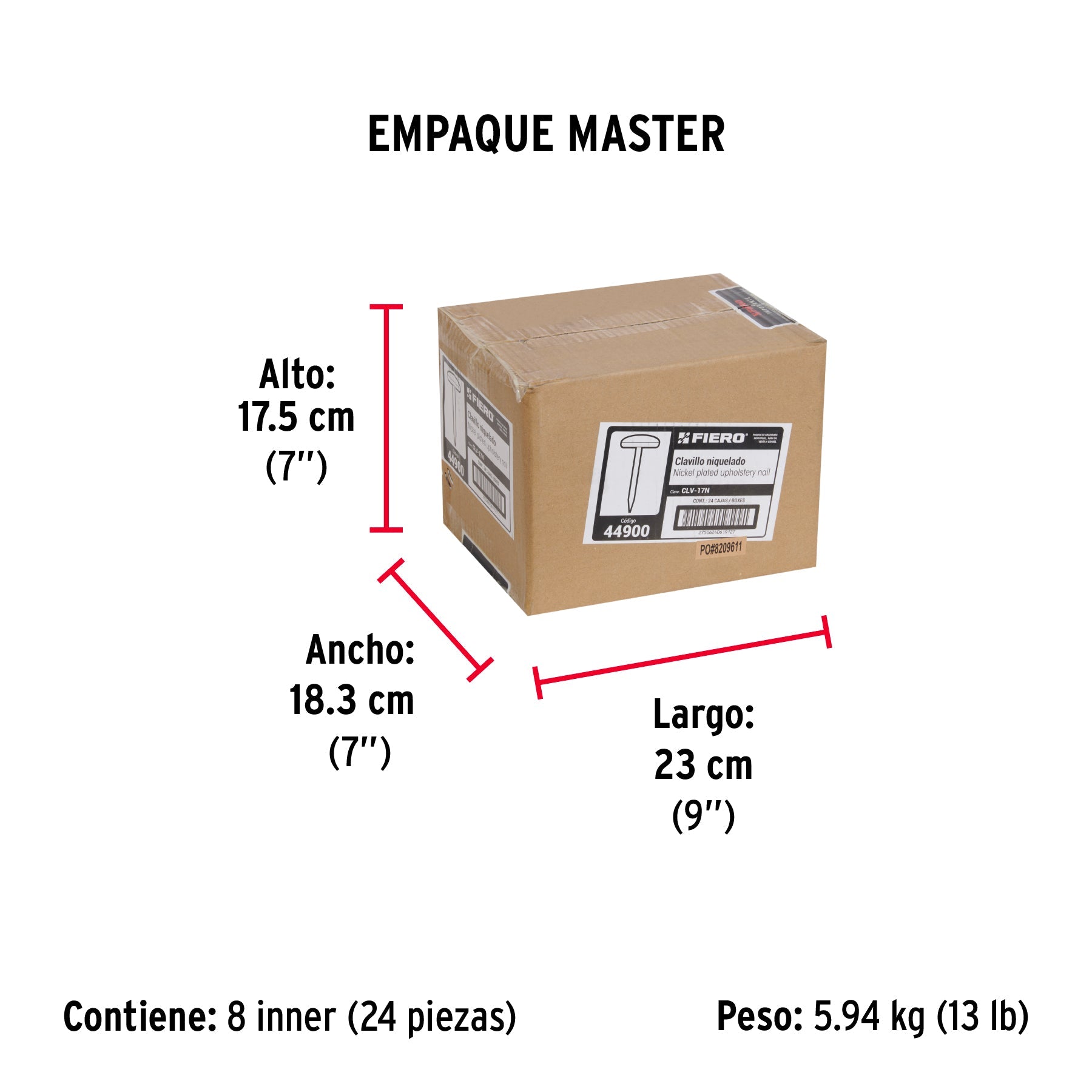 Caja con 500 clavillos niquelados de 17 mm, FIERO - Empaque