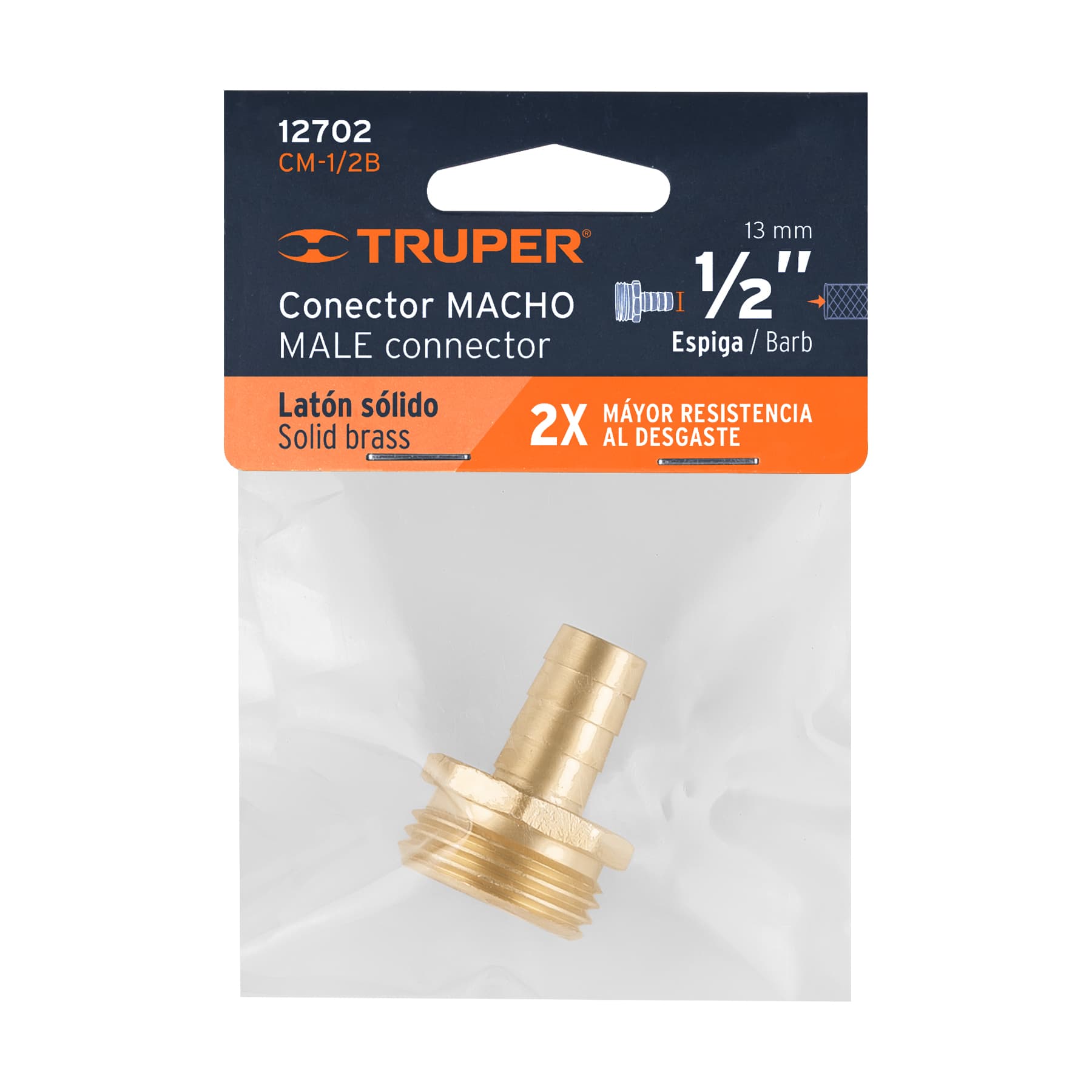 Conector 1/2" macho de latón sólido para manguera, TRUPER