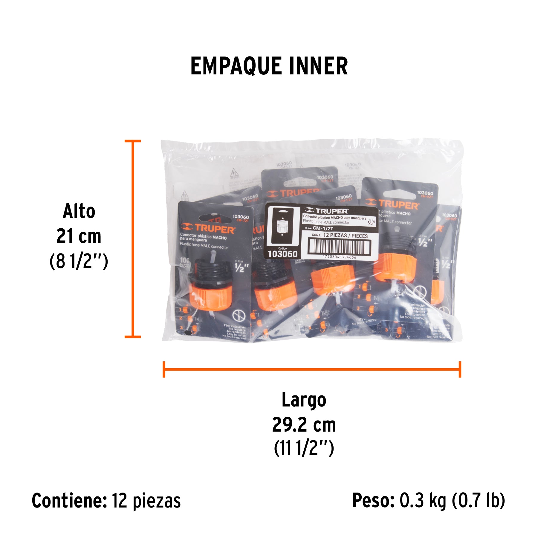Conector 1/2" macho de ABS con tuerca de ajuste manual - Empaque