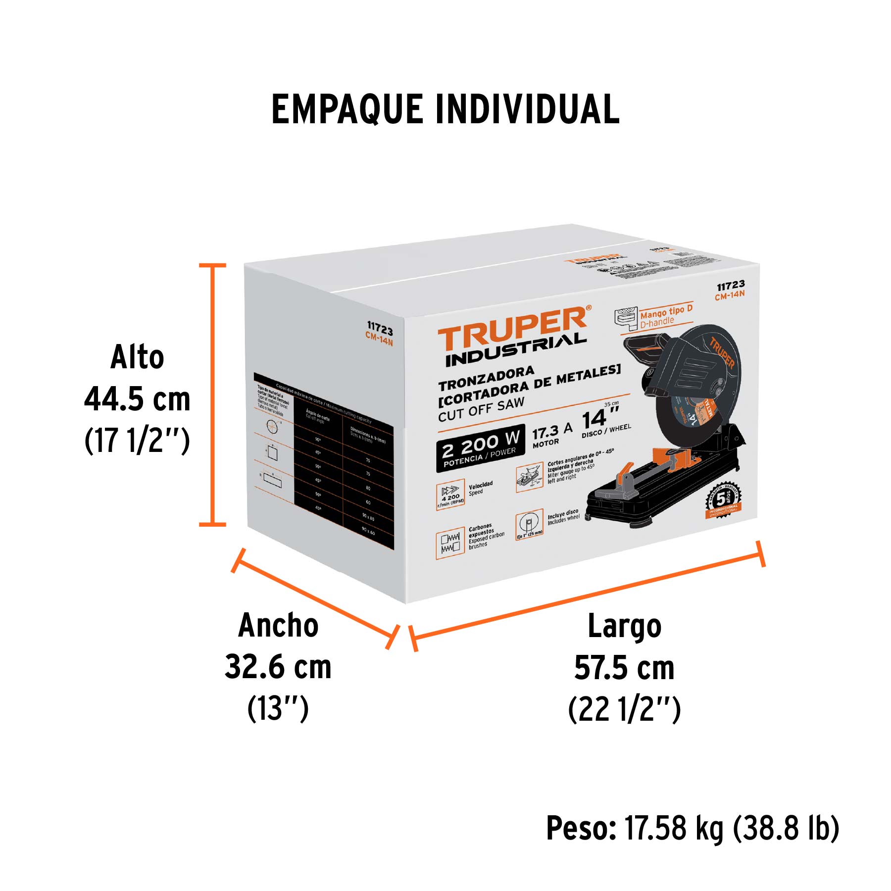 Tronzadora / cortadora de metales 14", mango en "D", 2200 W - Empaque