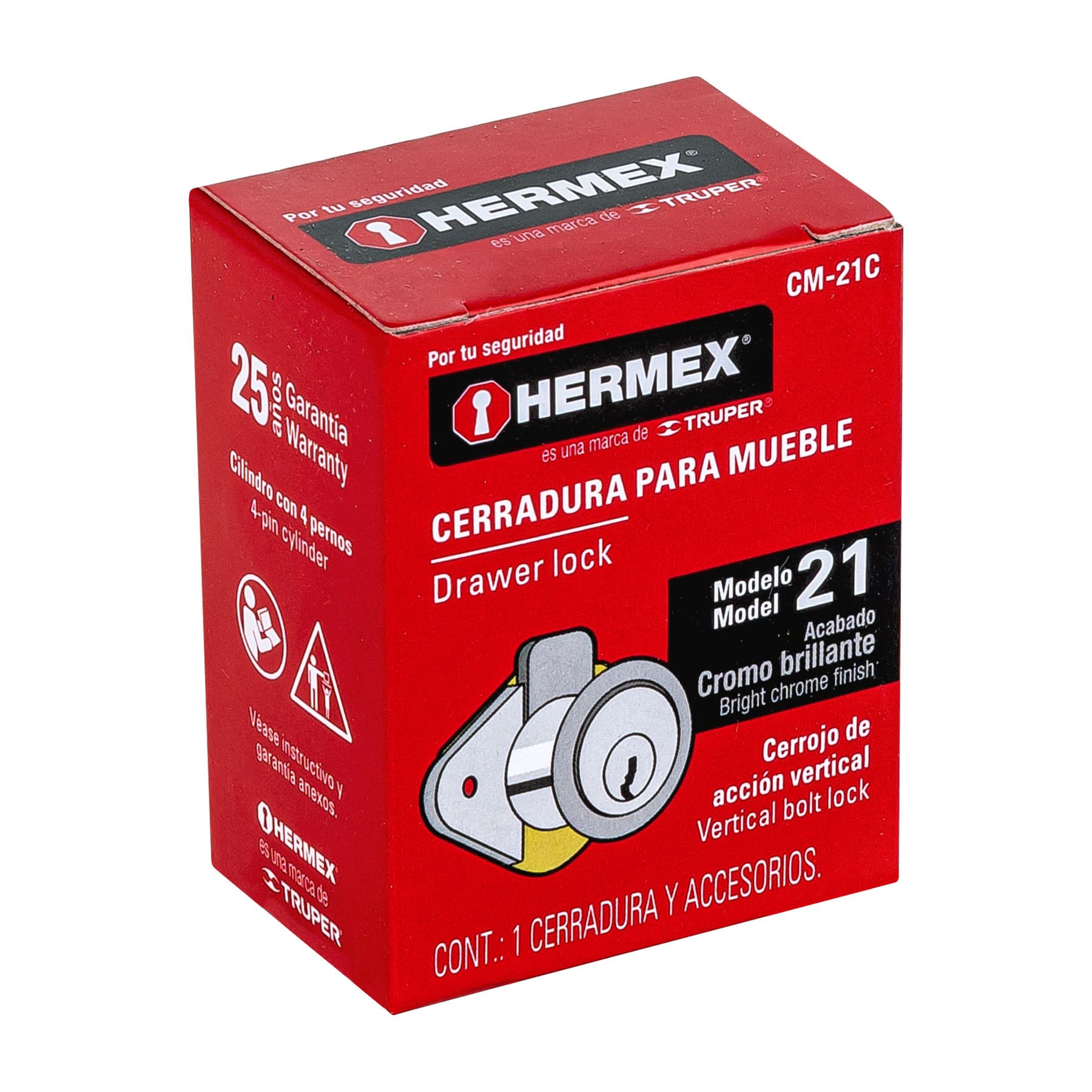 Cerradura para mueble, modelo 21, cromo, HERMEX