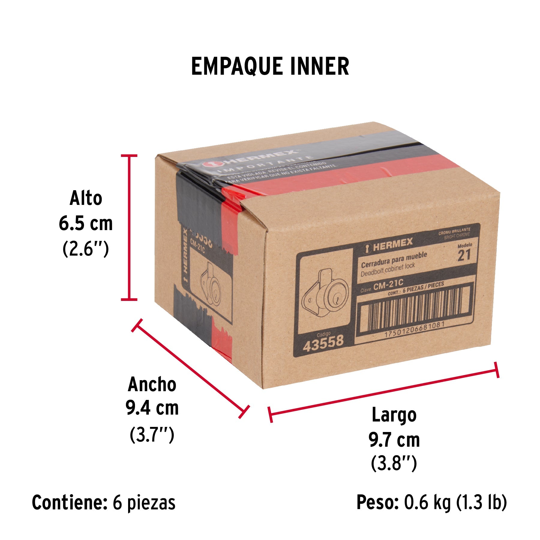 Cerradura para mueble, modelo 21, cromo, HERMEX - Empaque