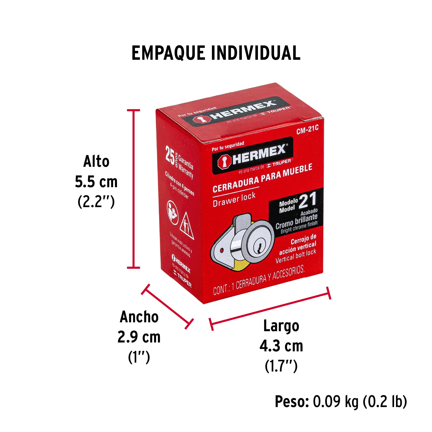 Cerradura para mueble, modelo 21, cromo, HERMEX - Empaque
