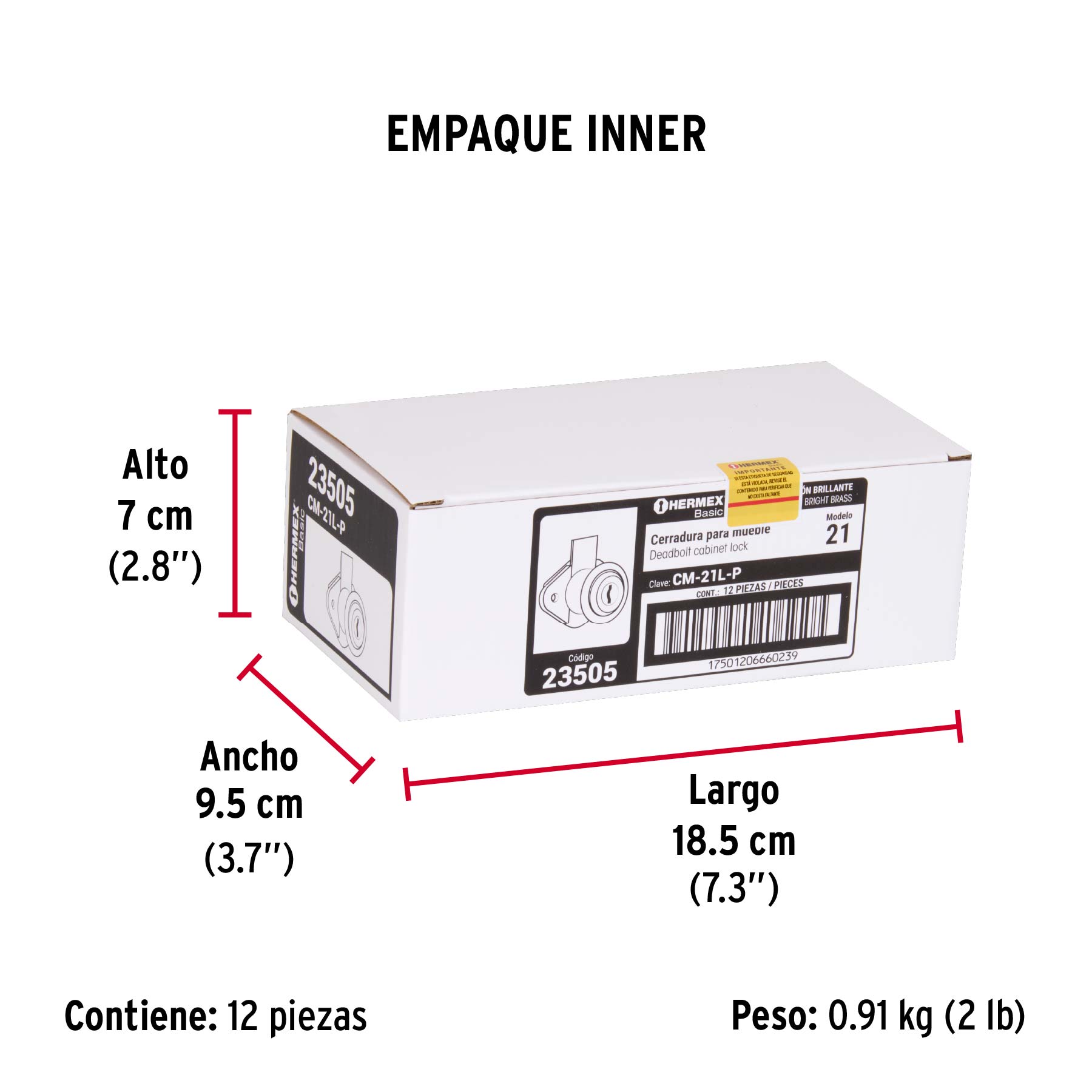 Cerradura para mueble, modelo 21, latón, HERMEX BASIC - Empaque