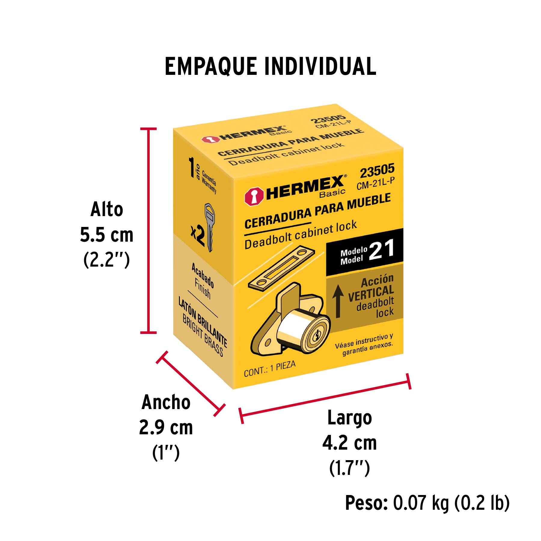 Cerradura para mueble, modelo 21, latón, HERMEX BASIC - Empaque