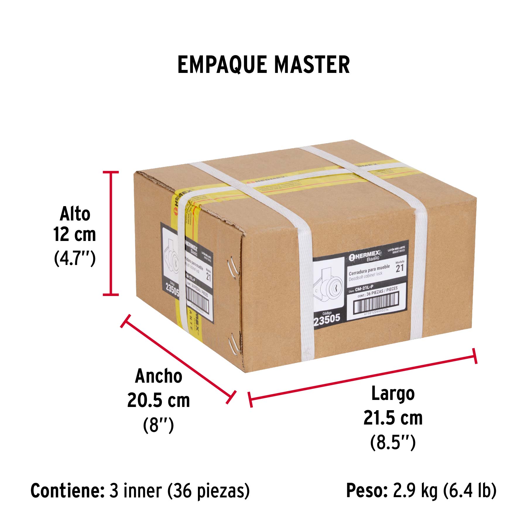 Cerradura para mueble, modelo 21, latón, HERMEX BASIC - Empaque