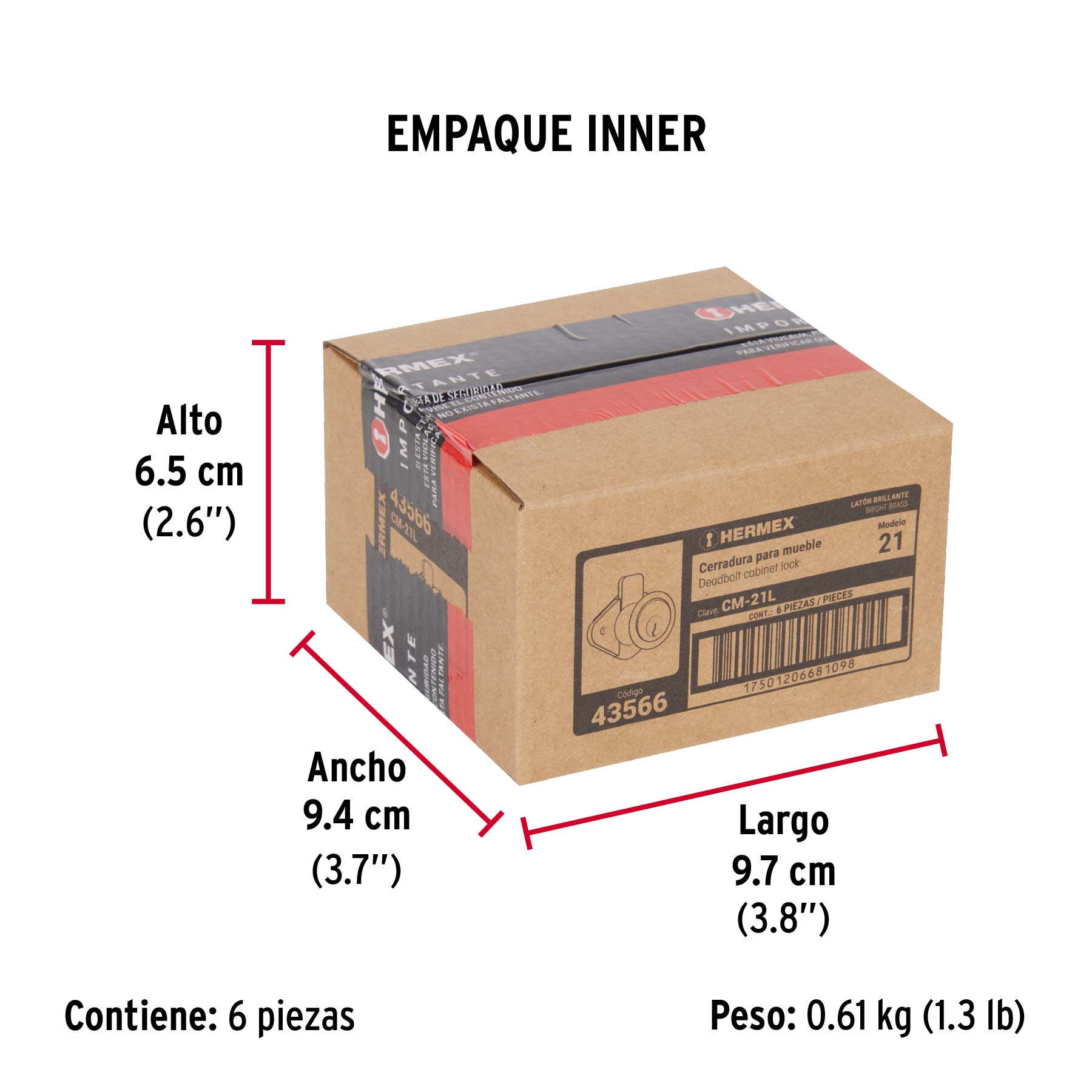 Cerradura para mueble, modelo 21, latón, HERMEX - Empaque