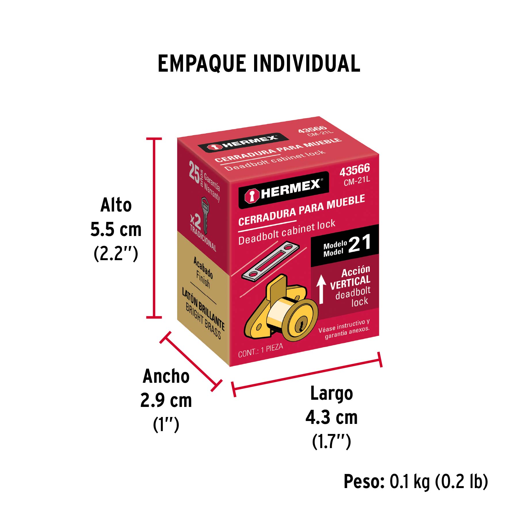 Cerradura para mueble, modelo 21, latón, HERMEX - Empaque