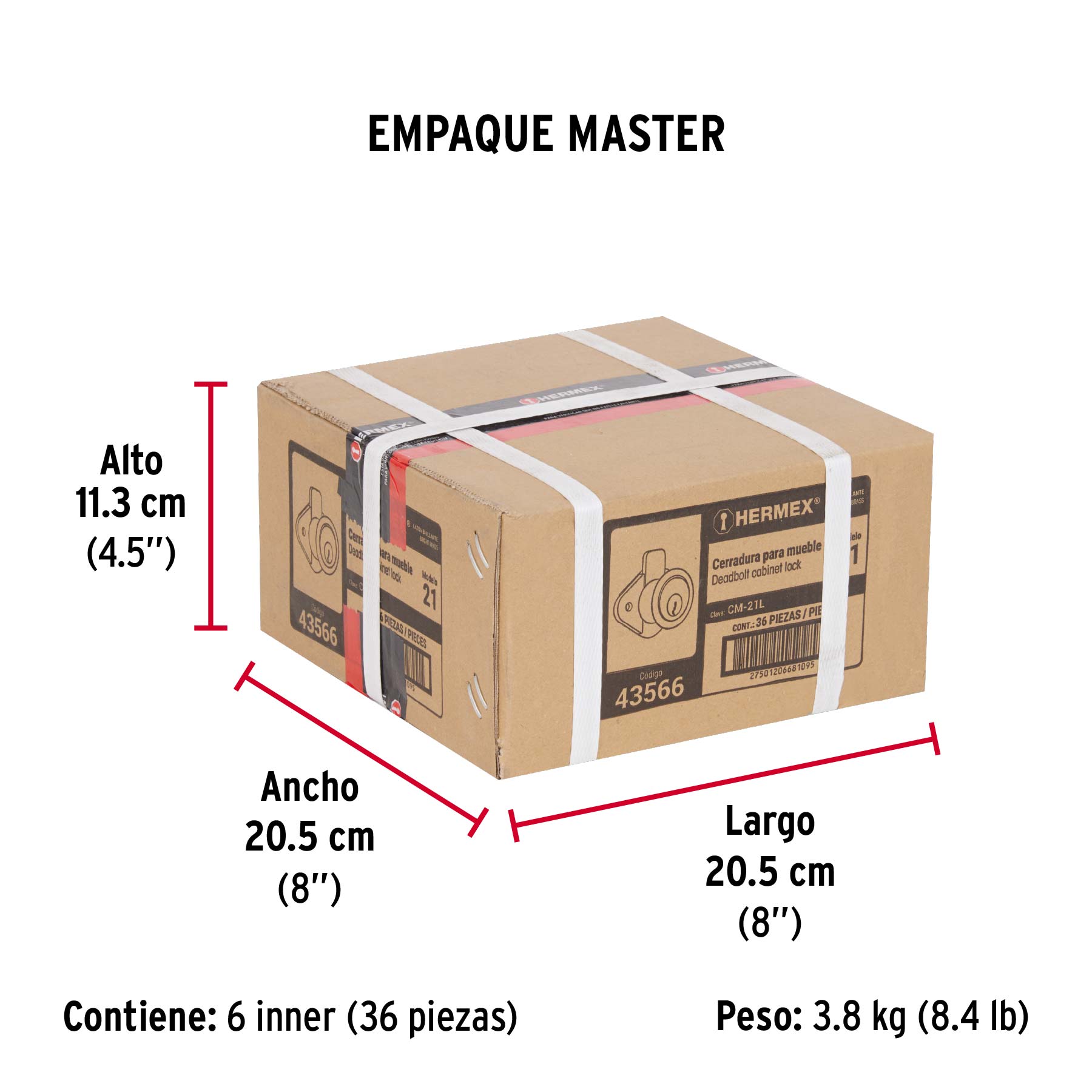 Cerradura para mueble, modelo 21, latón, HERMEX - Empaque