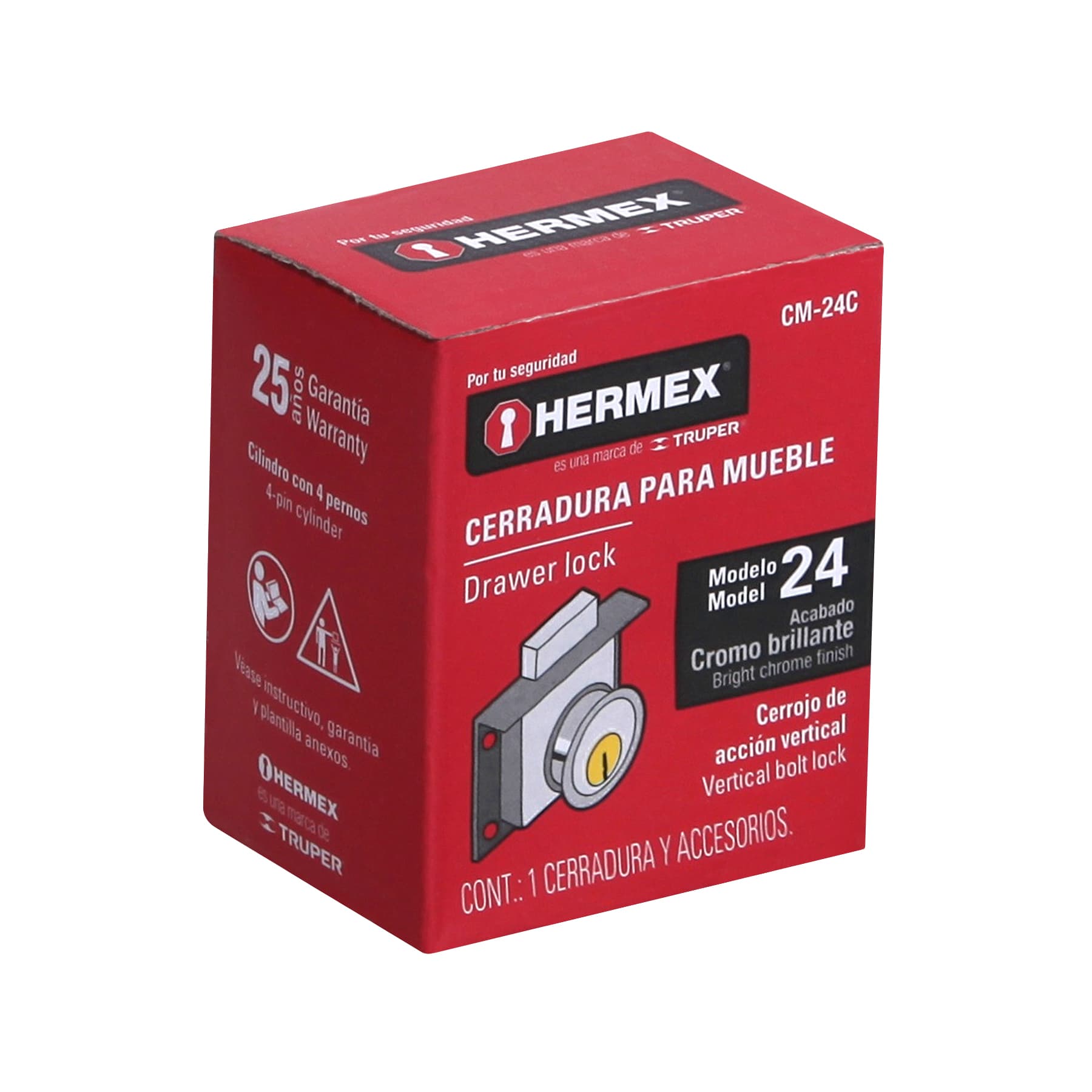 Cerradura para mueble, modelo 24, cromo, HERMEX