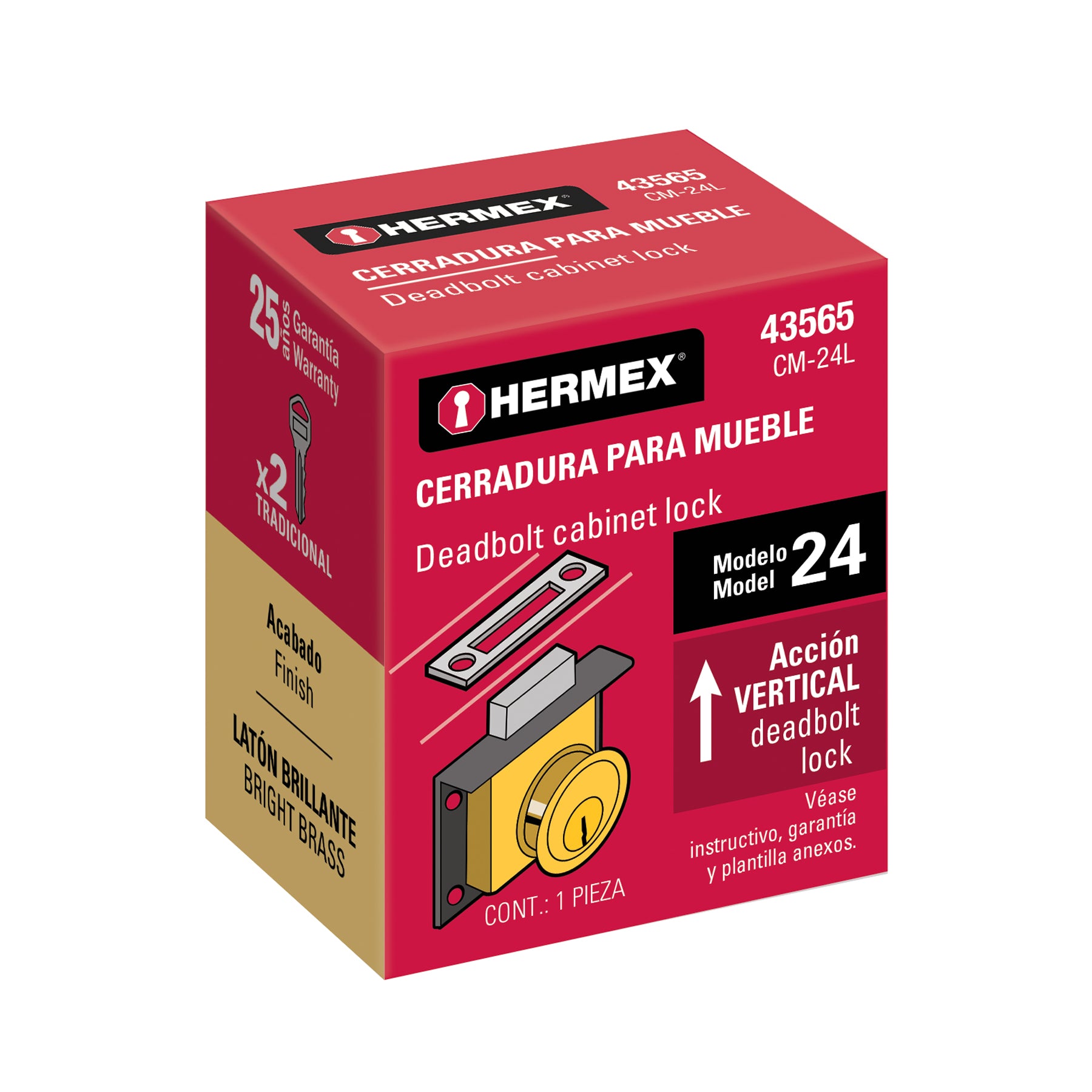 Cerradura para mueble, modelo 24, latón, HERMEX
