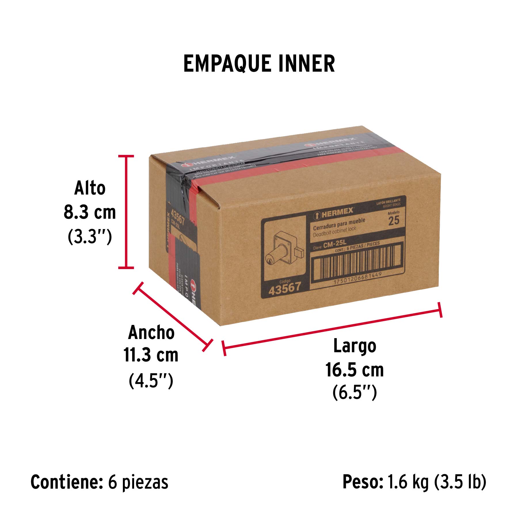 Cerradura para mueble, modelo 25, latón, HERMEX - Empaque