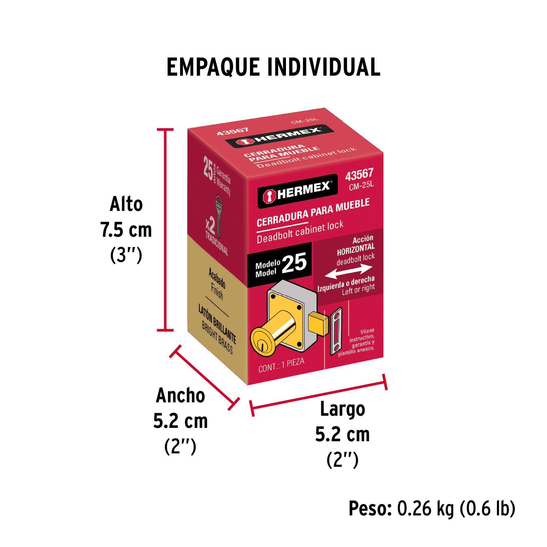 Cerradura para mueble, modelo 25, latón, HERMEX - Empaque