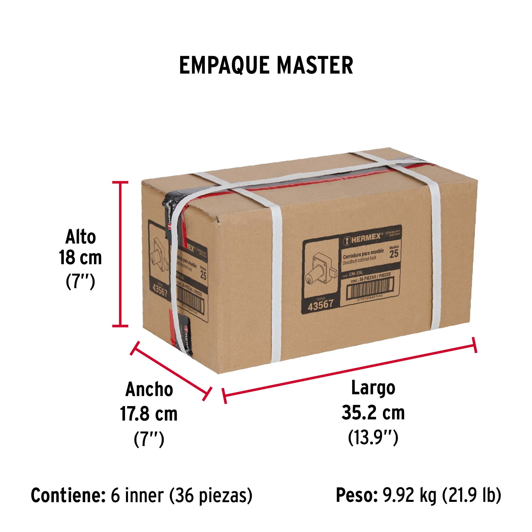 Cerradura para mueble, modelo 25, latón, HERMEX - Empaque