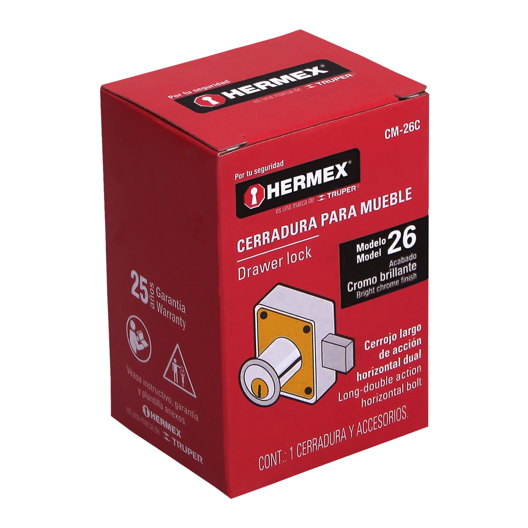 Cerradura para mueble, modelo 26, cromo, HERMEX