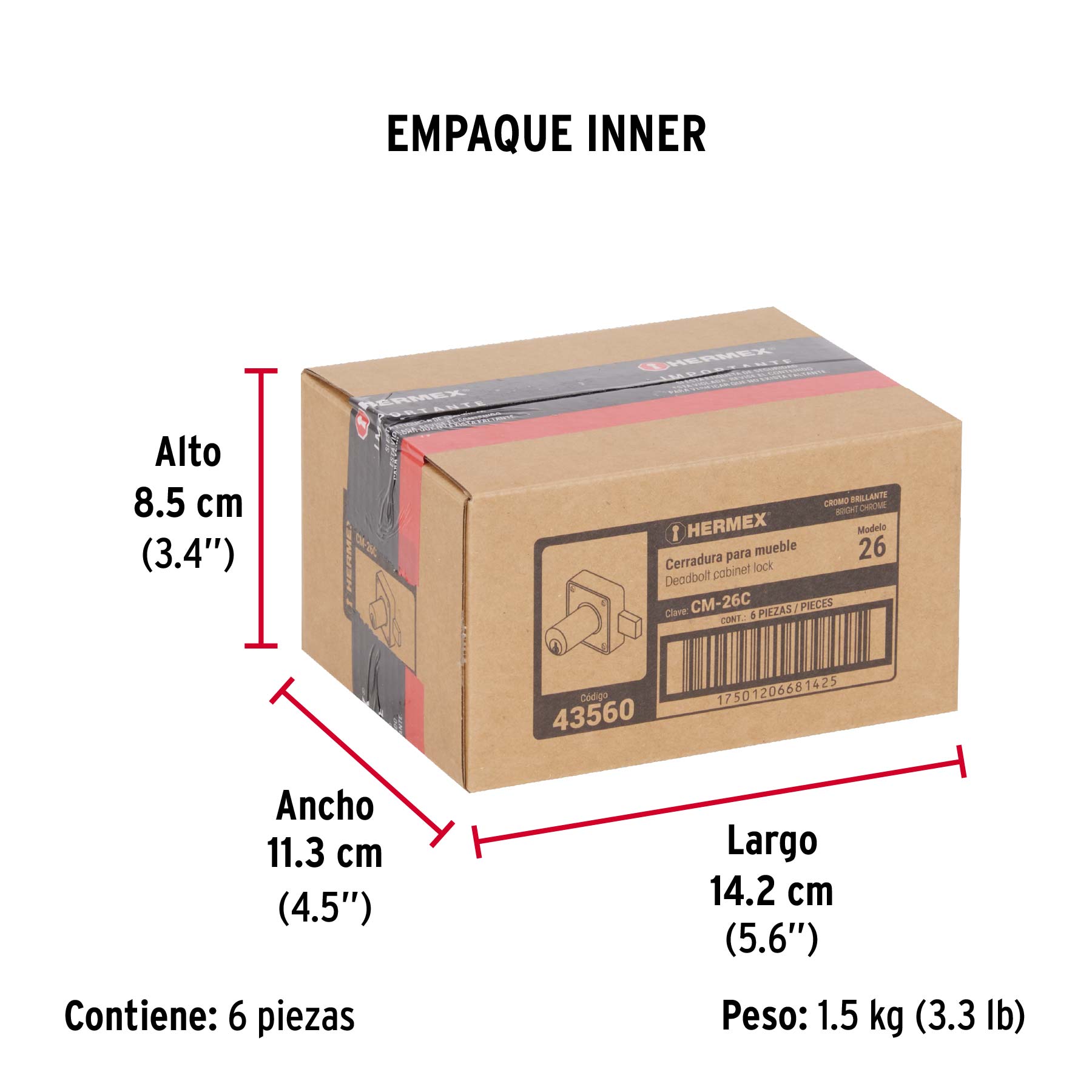 Cerradura para mueble, modelo 26, cromo, HERMEX - Empaque