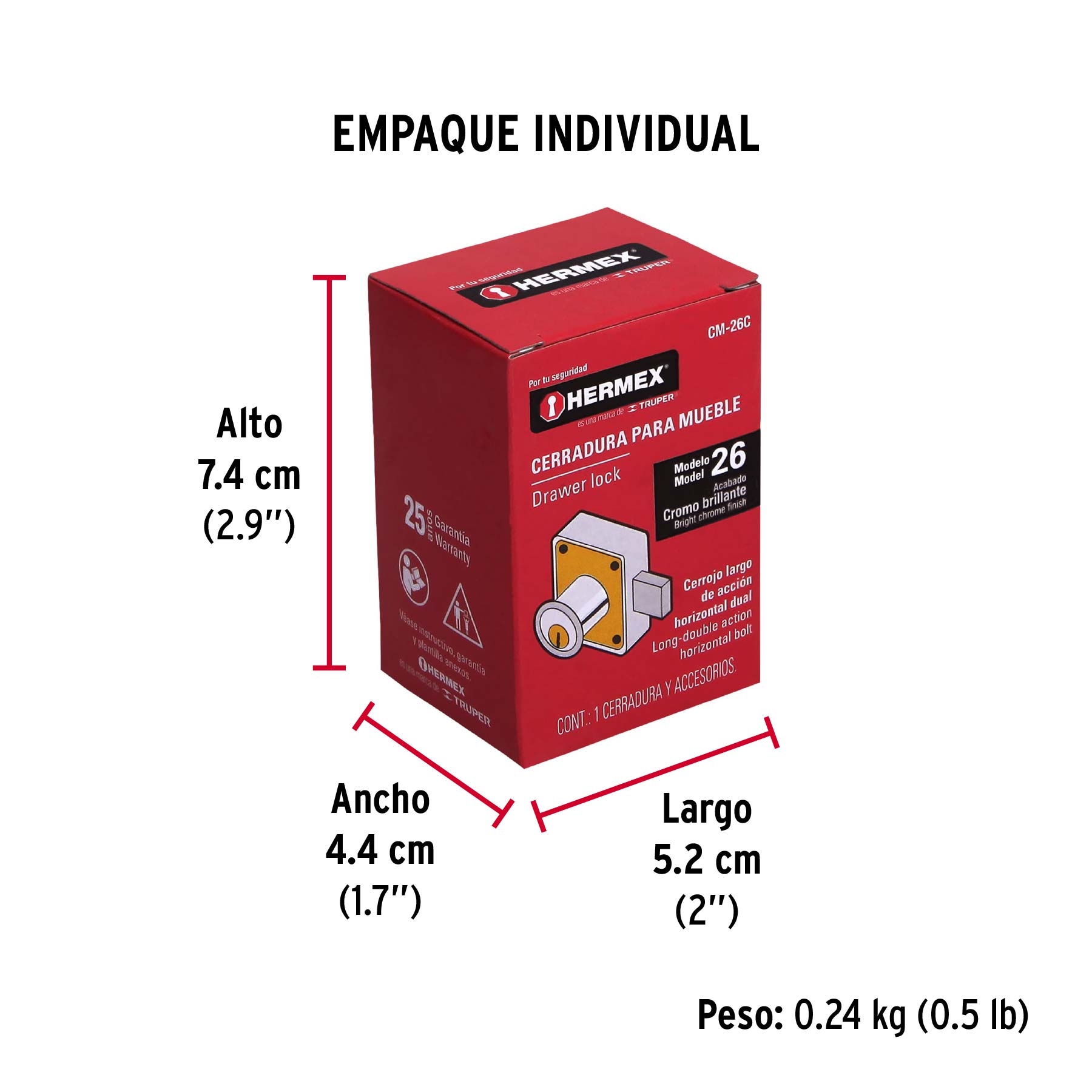 Cerradura para mueble, modelo 26, cromo, HERMEX - Empaque