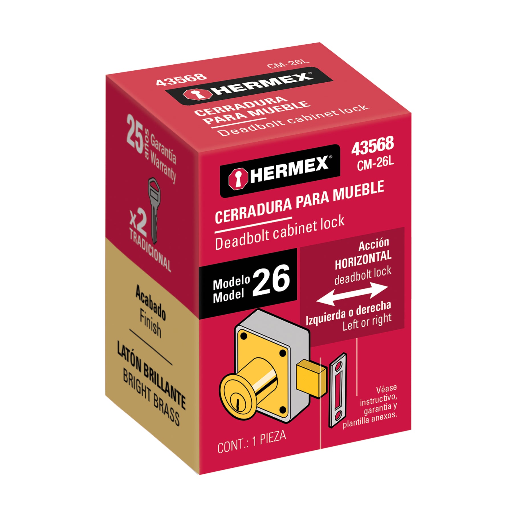 Cerradura para mueble, modelo 26, latón, HERMEX