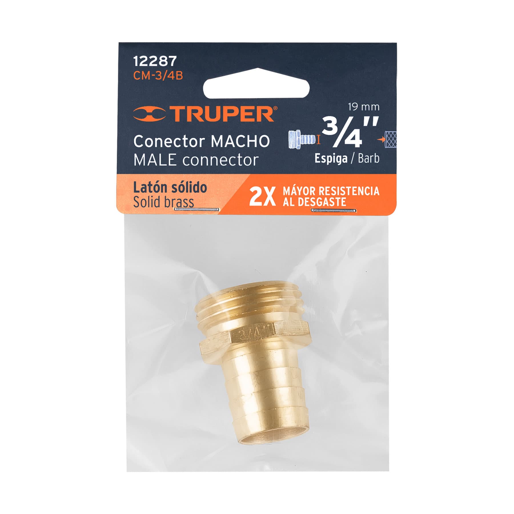 Conector 3/4" macho de latón sólido para manguera, TRUPER