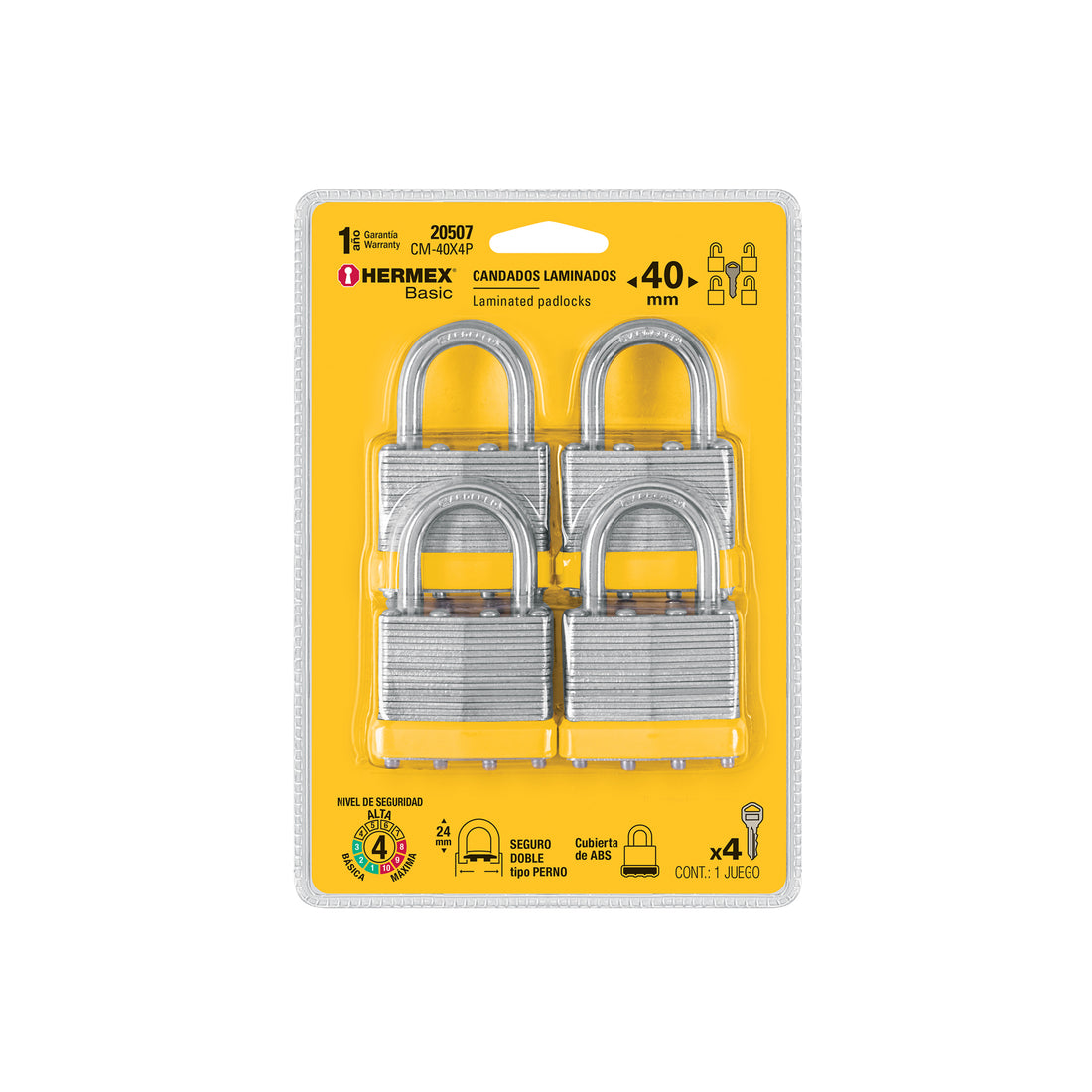 Juego de 4 candados cuerpo laminado, 40 mm, HERMEX BASIC