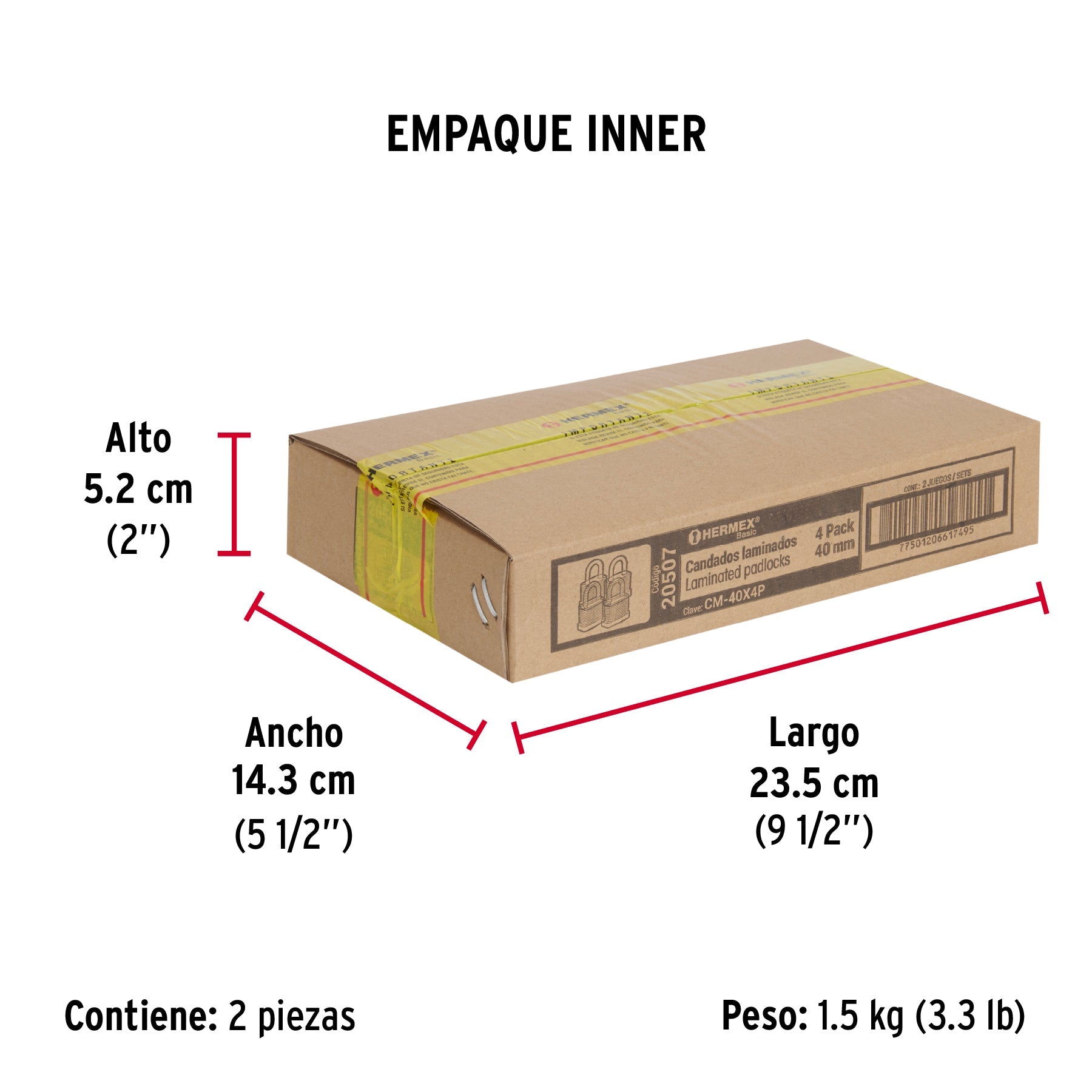 Juego de 4 candados cuerpo laminado, 40 mm, HERMEX BASIC - Empaque