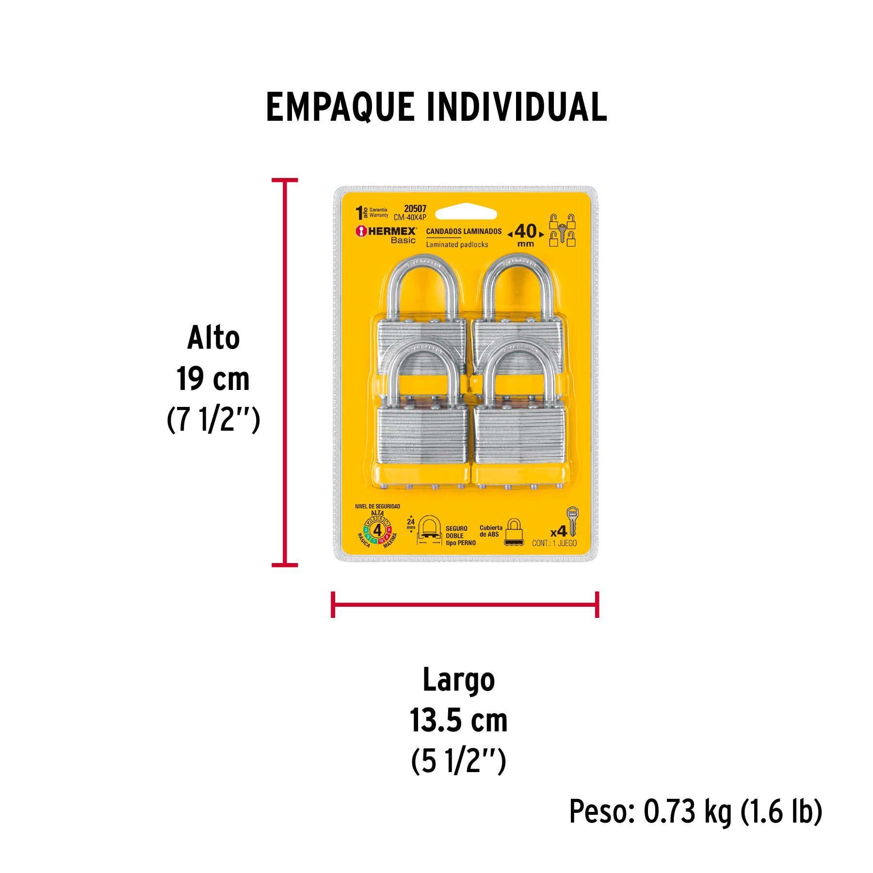 Juego de 4 candados cuerpo laminado, 40 mm, HERMEX BASIC - Empaque