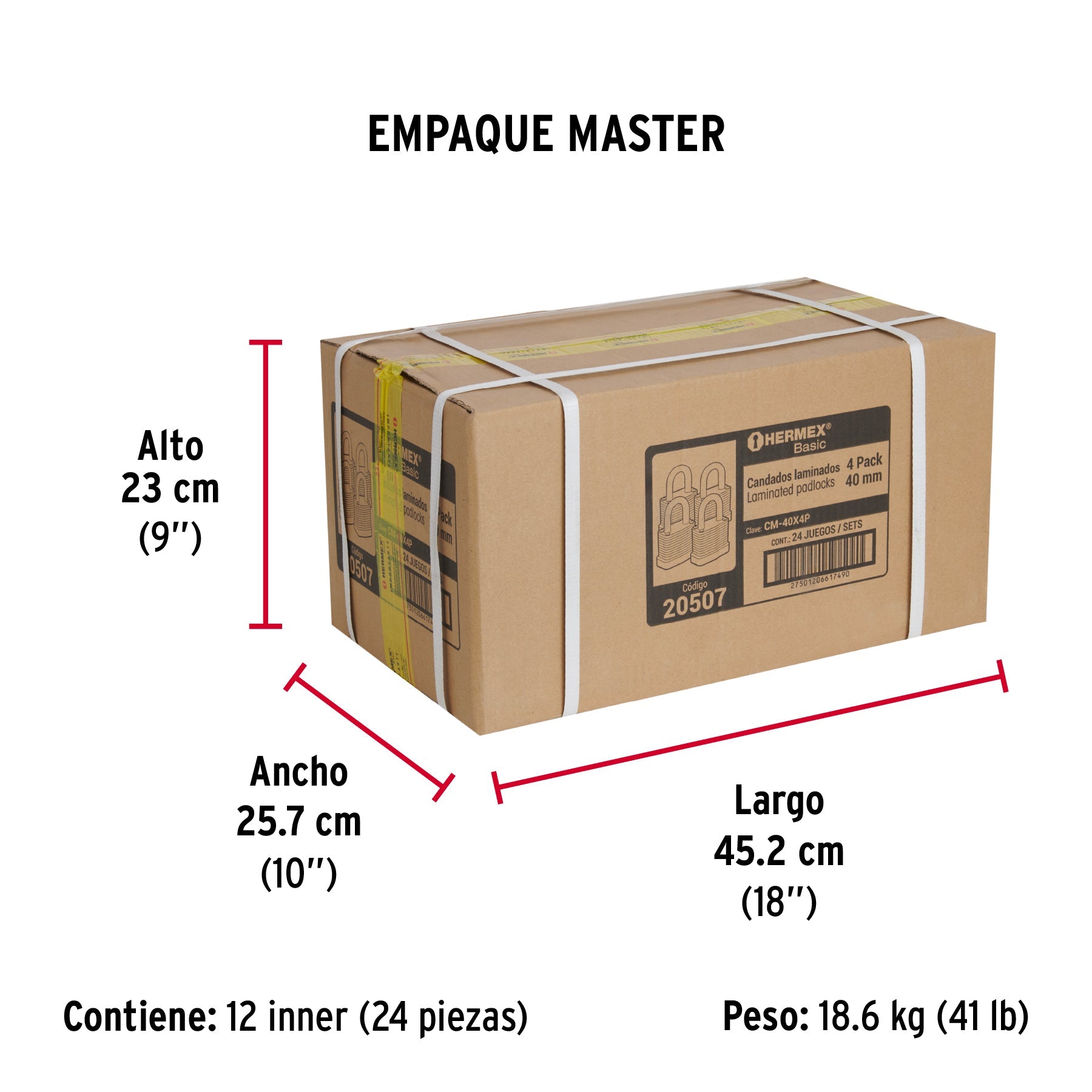 Juego de 4 candados cuerpo laminado, 40 mm, HERMEX BASIC - Empaque