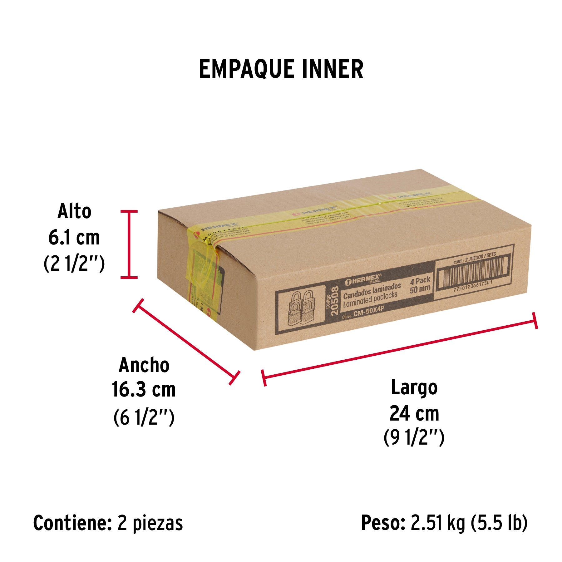 Juego de 4 candados cuerpo laminado, 50 mm, HERMEX BASIC - Empaque