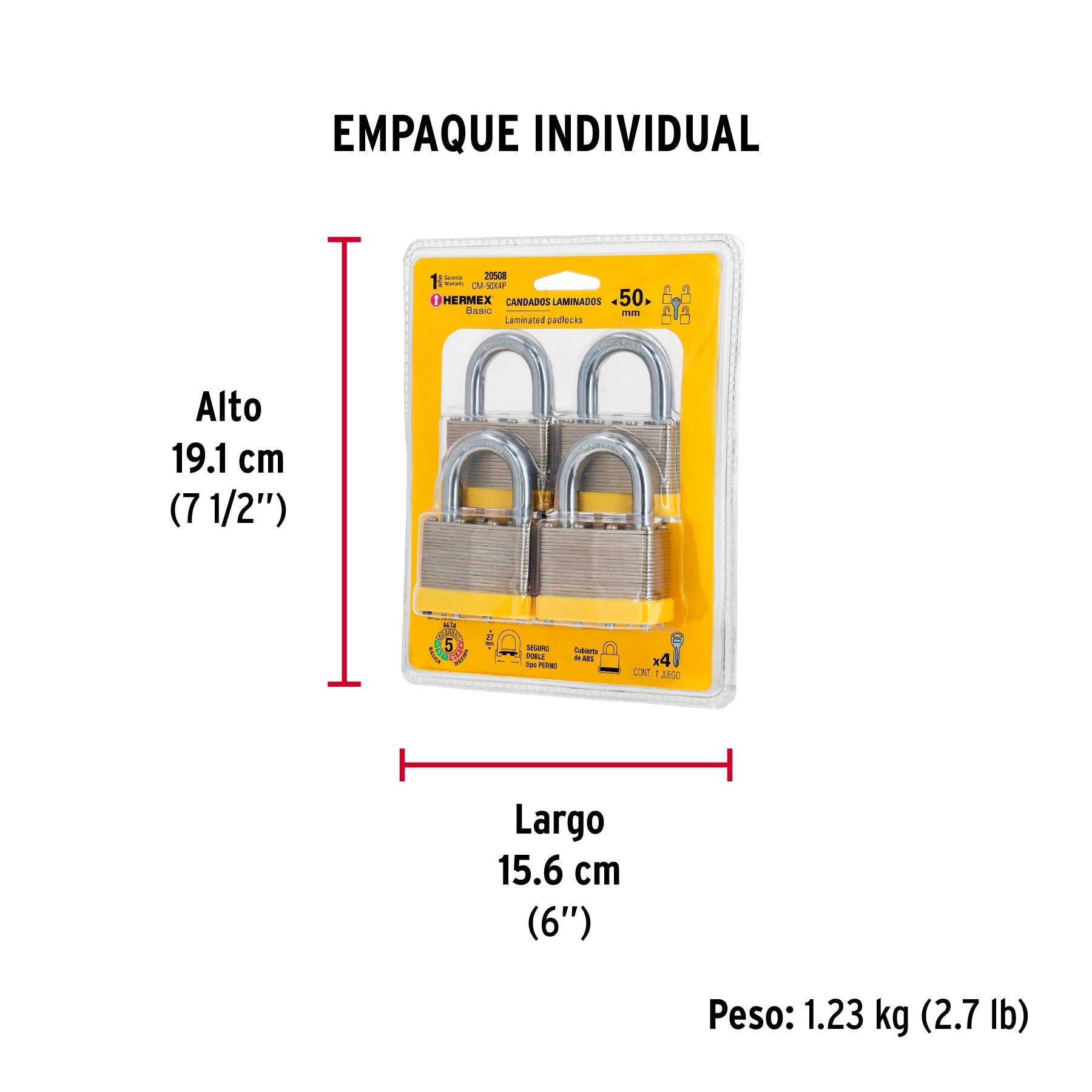 Juego de 4 candados cuerpo laminado, 50 mm, HERMEX BASIC - Empaque