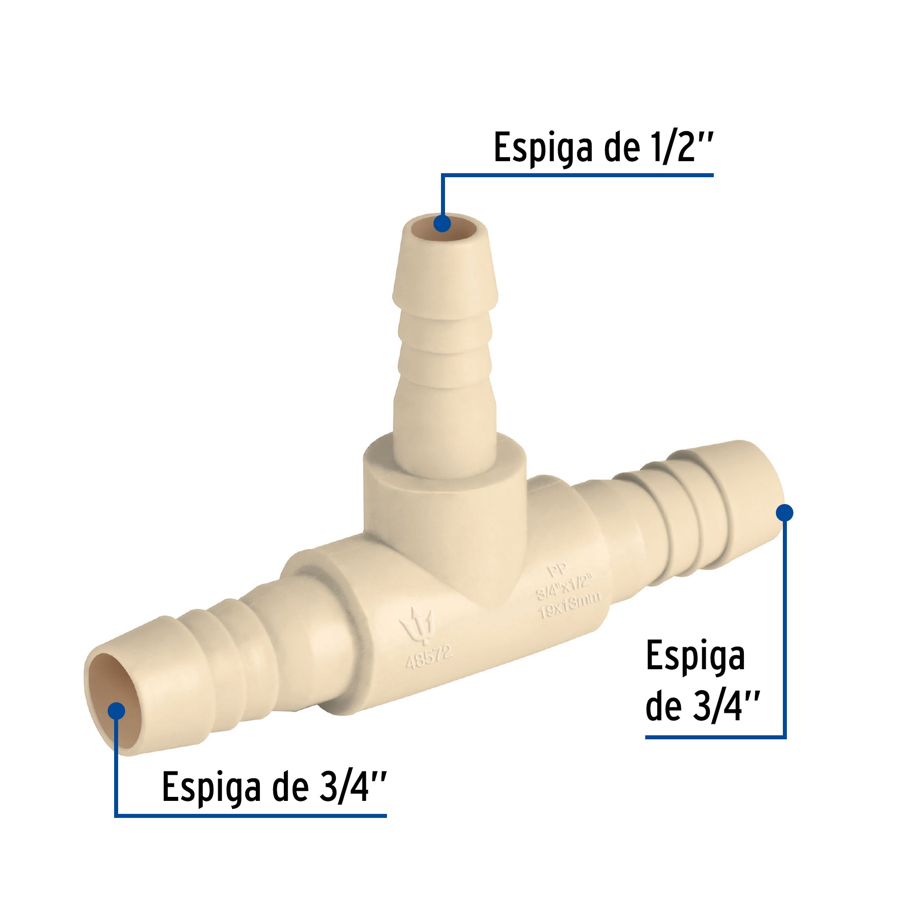 Tee reducida inserción central 3/4" x 1/2" de polipropileno