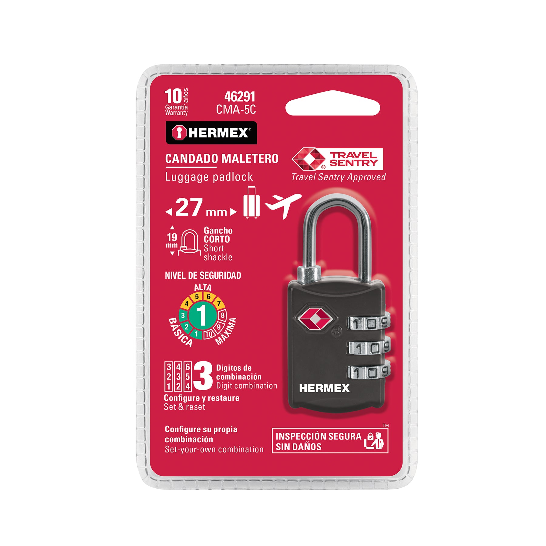 Candado maletero de combinación 27 mm seguridad TSA, blíster