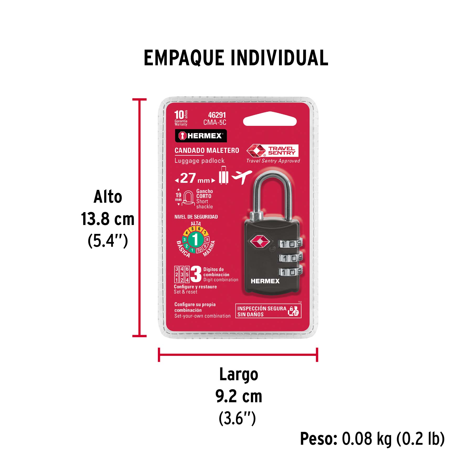Candado maletero de combinación 27 mm seguridad TSA, blíster - Empaque
