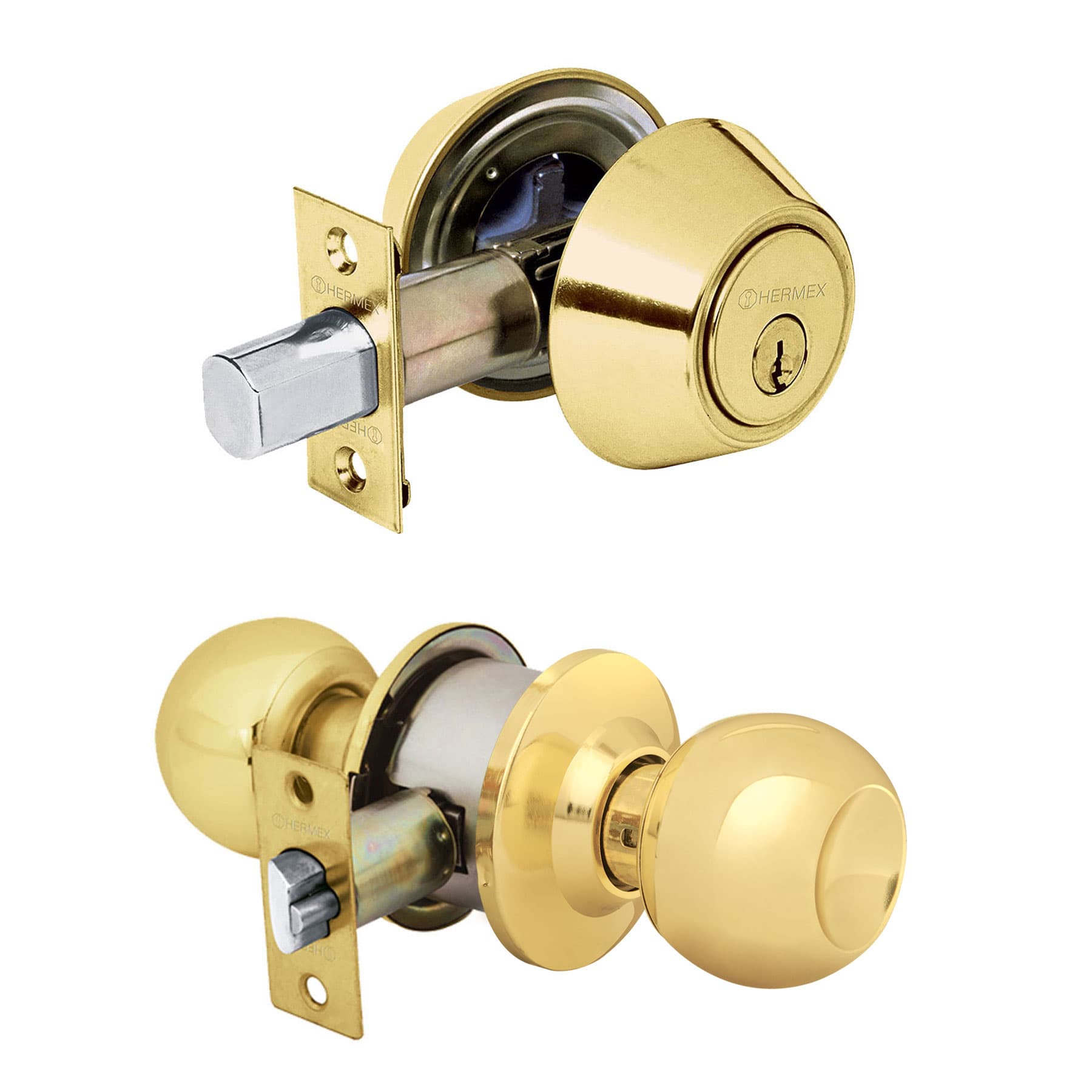 Combo cerraduras, llave-llave, latón brillante, HERMEX BASIC