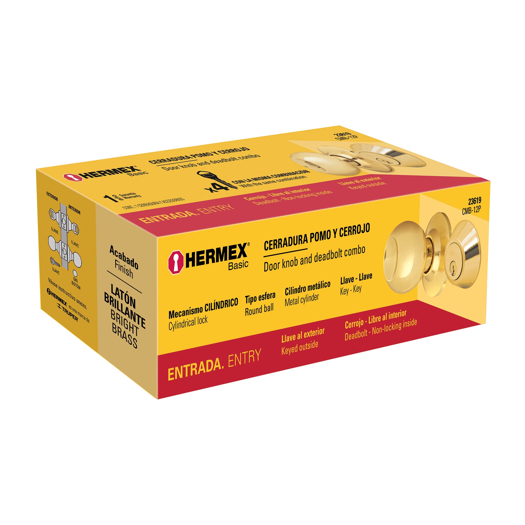 Combo cerraduras, llave-llave, latón brillante, HERMEX BASIC