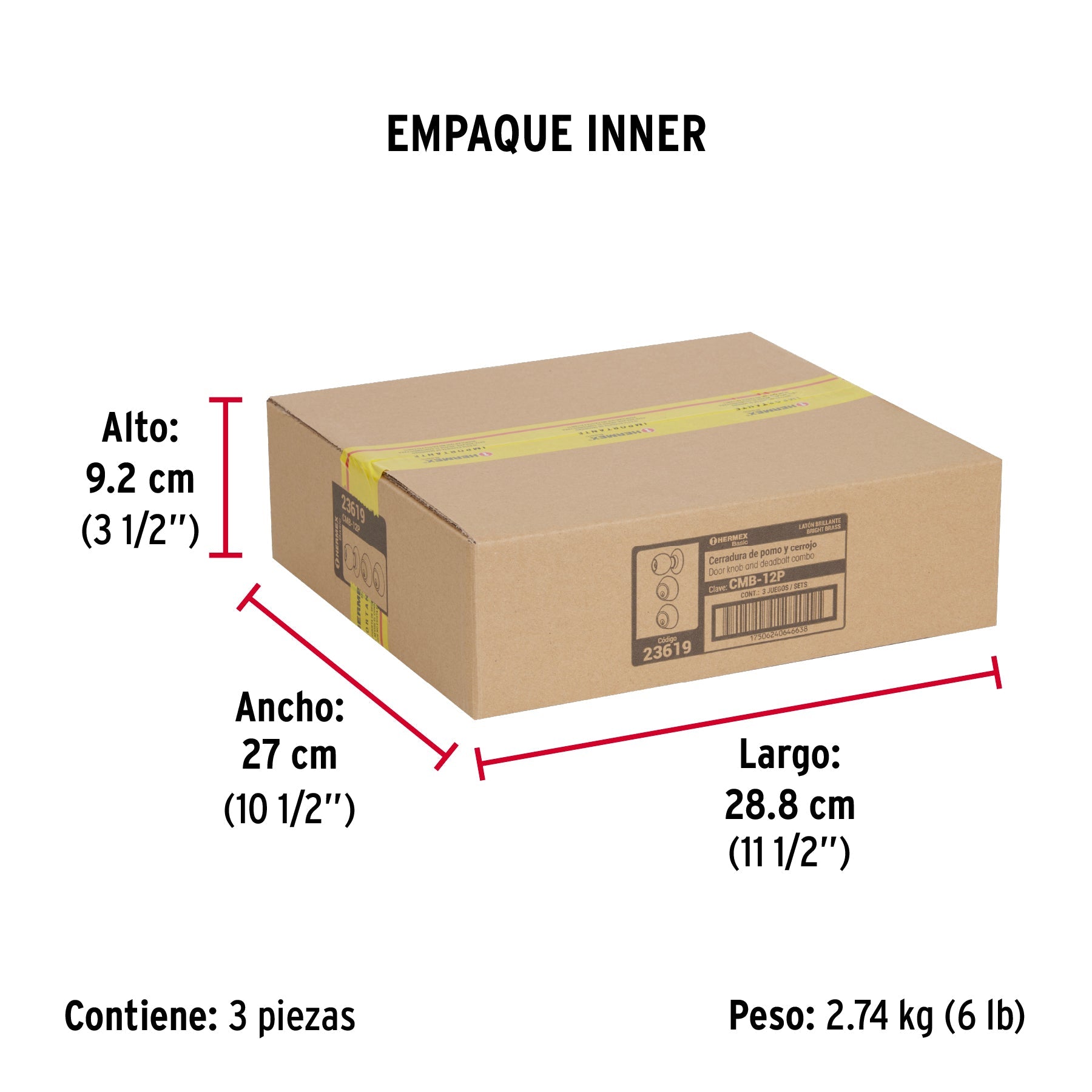 Combo cerraduras, llave-llave, latón brillante, HERMEX BASIC - Empaque