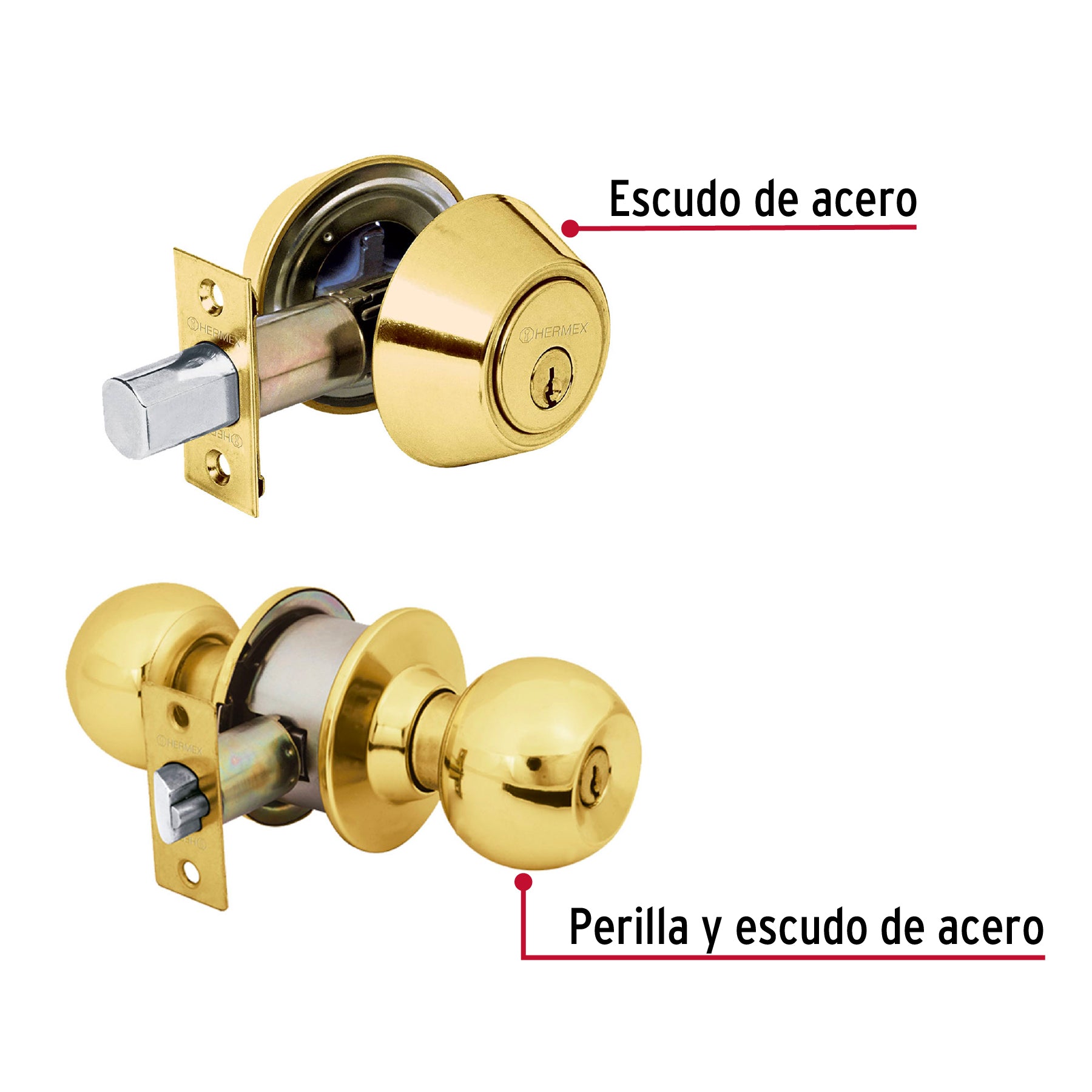 Combo cerraduras, llave-llave, latón brillante, HERMEX BASIC
