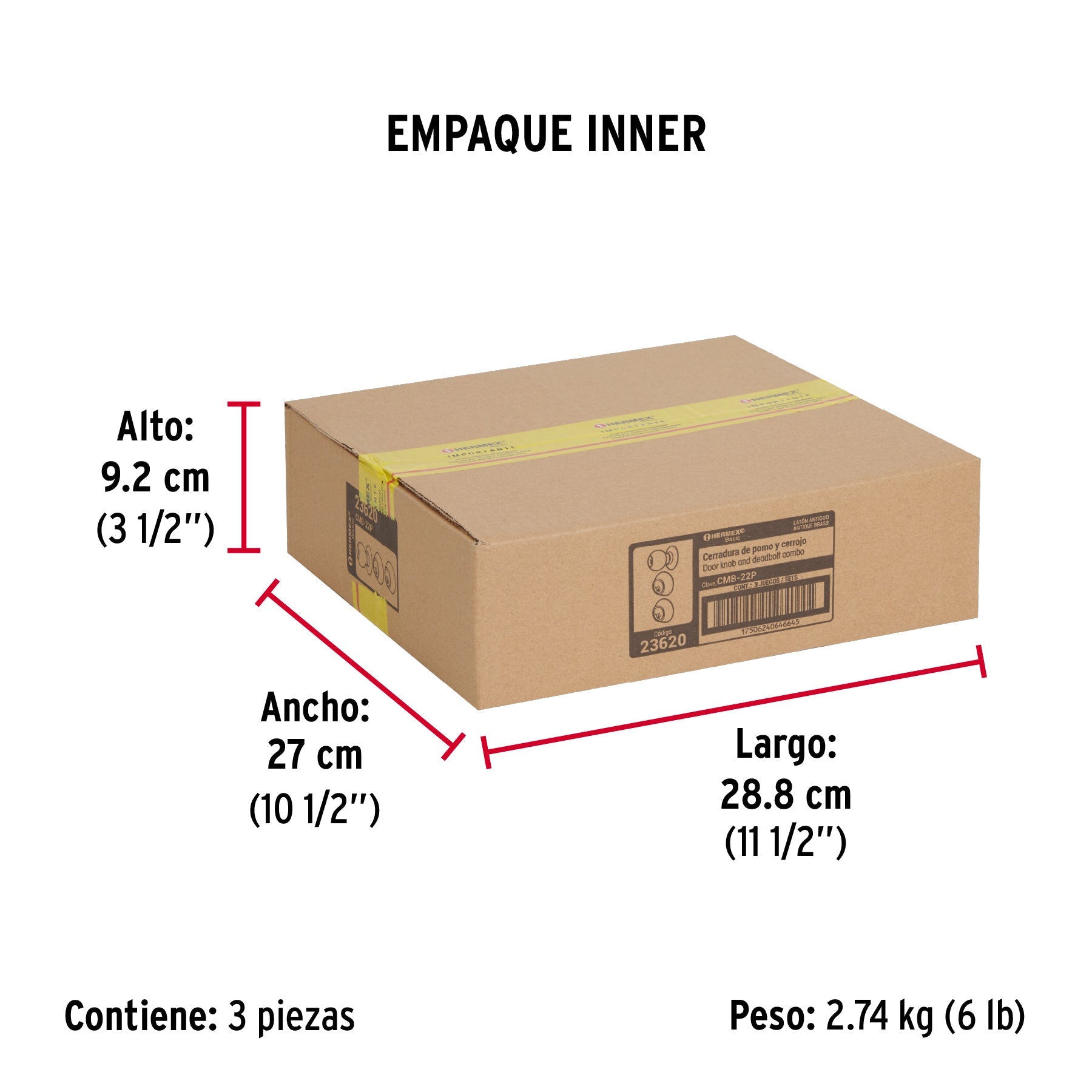 Combo cerraduras, llave-llave, latón antiguo, HERMEX BASIC - Empaque