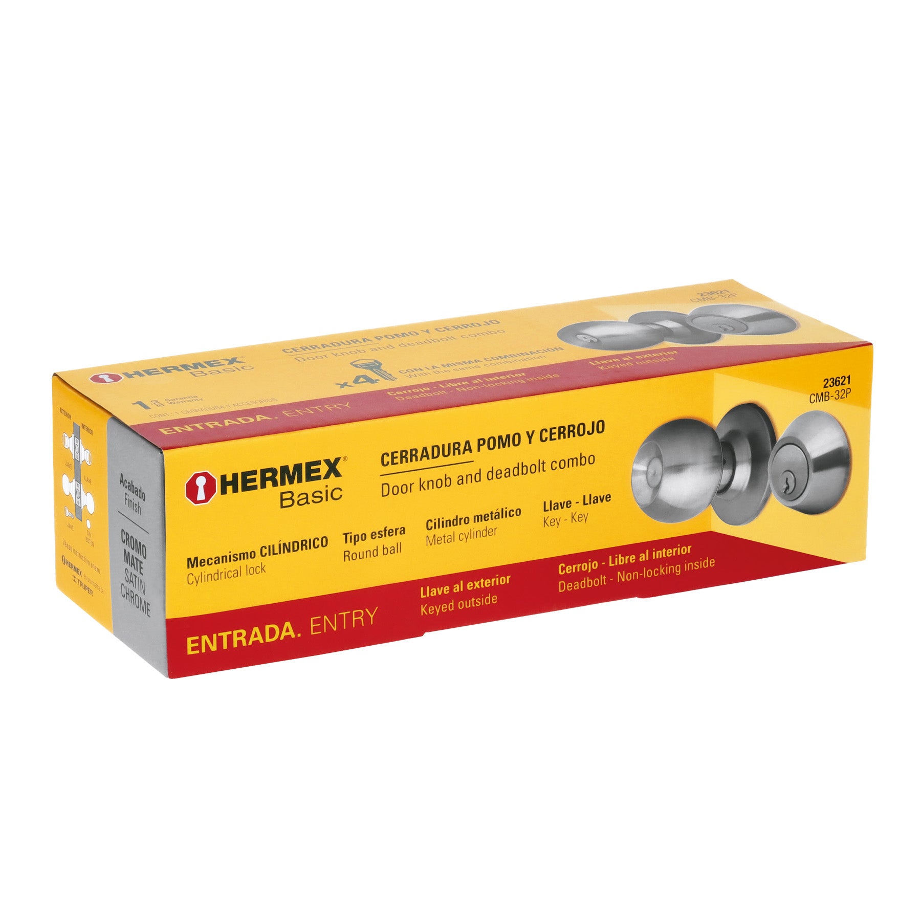 Combo cerraduras, llave-llave, cromo, HERMEX BASIC