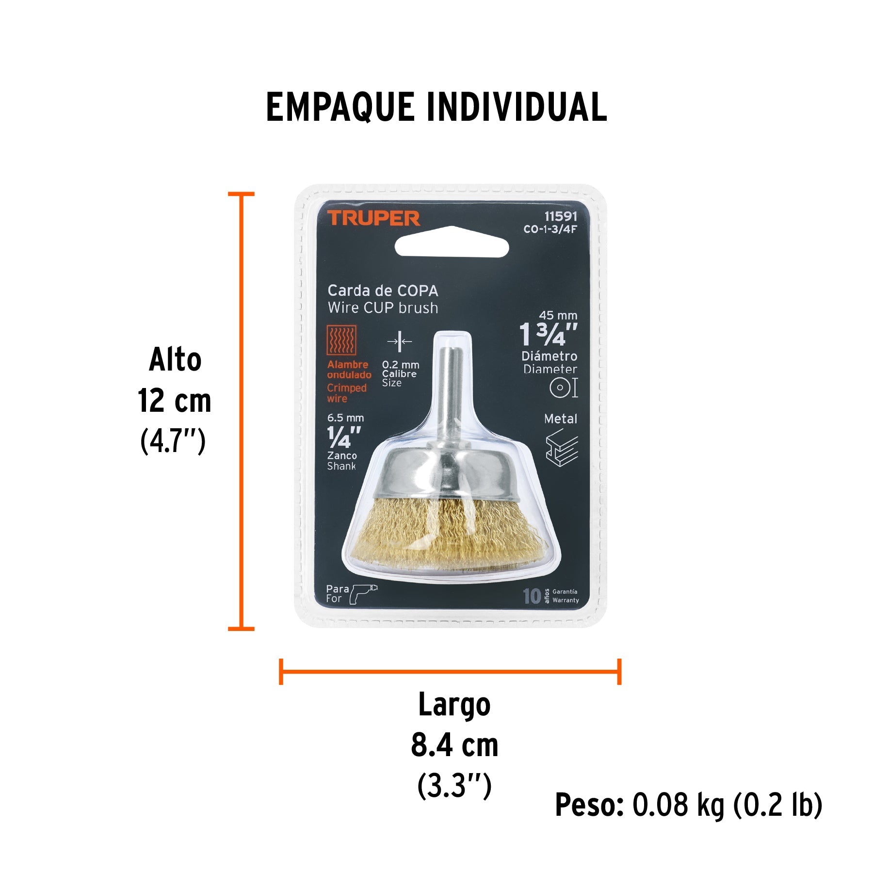 Carda de copa 1-3/4" alambre fino para taladro, TRUPER - Empaque