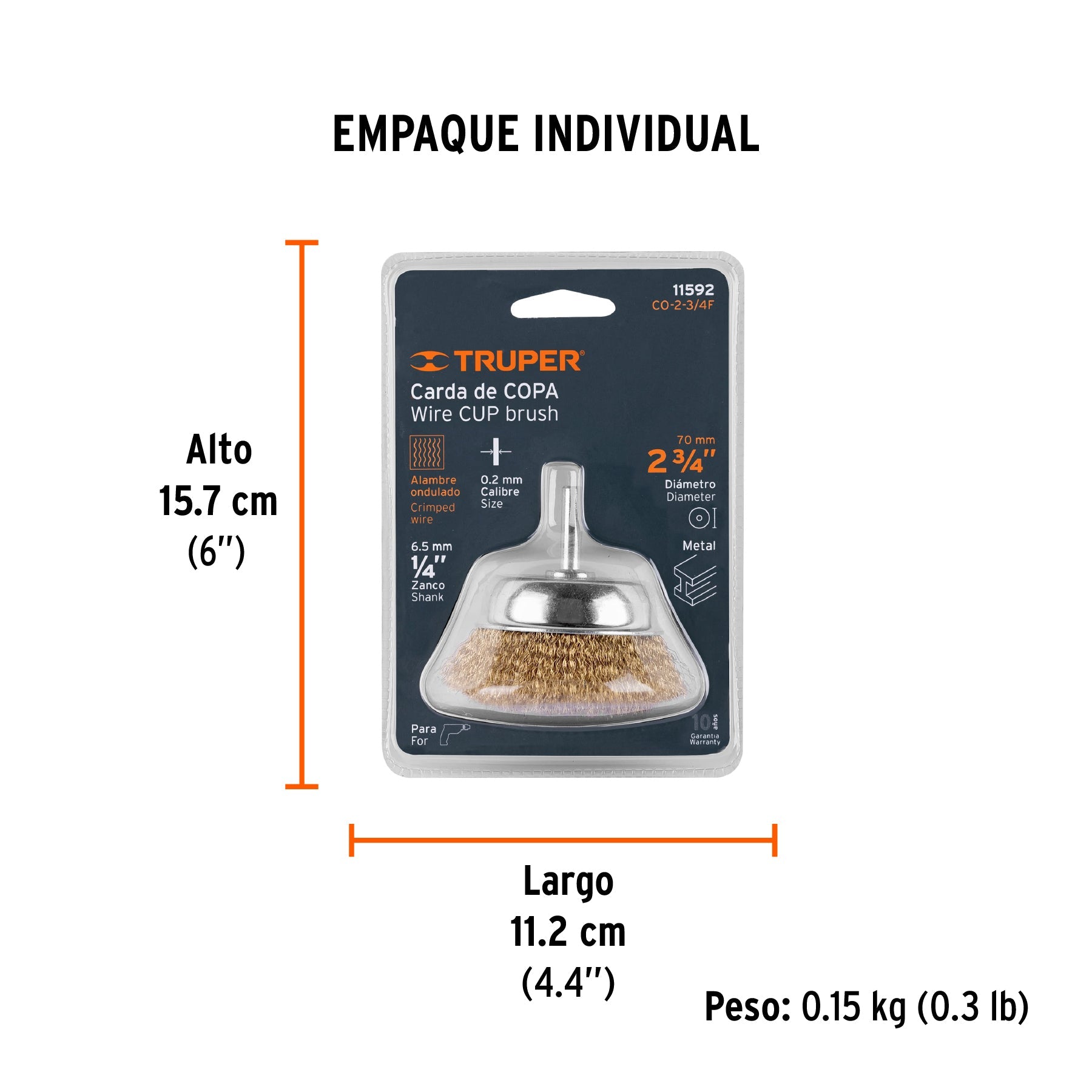 Carda de copa 2-3/4" alambre fino para taladro, TRUPER - Empaque