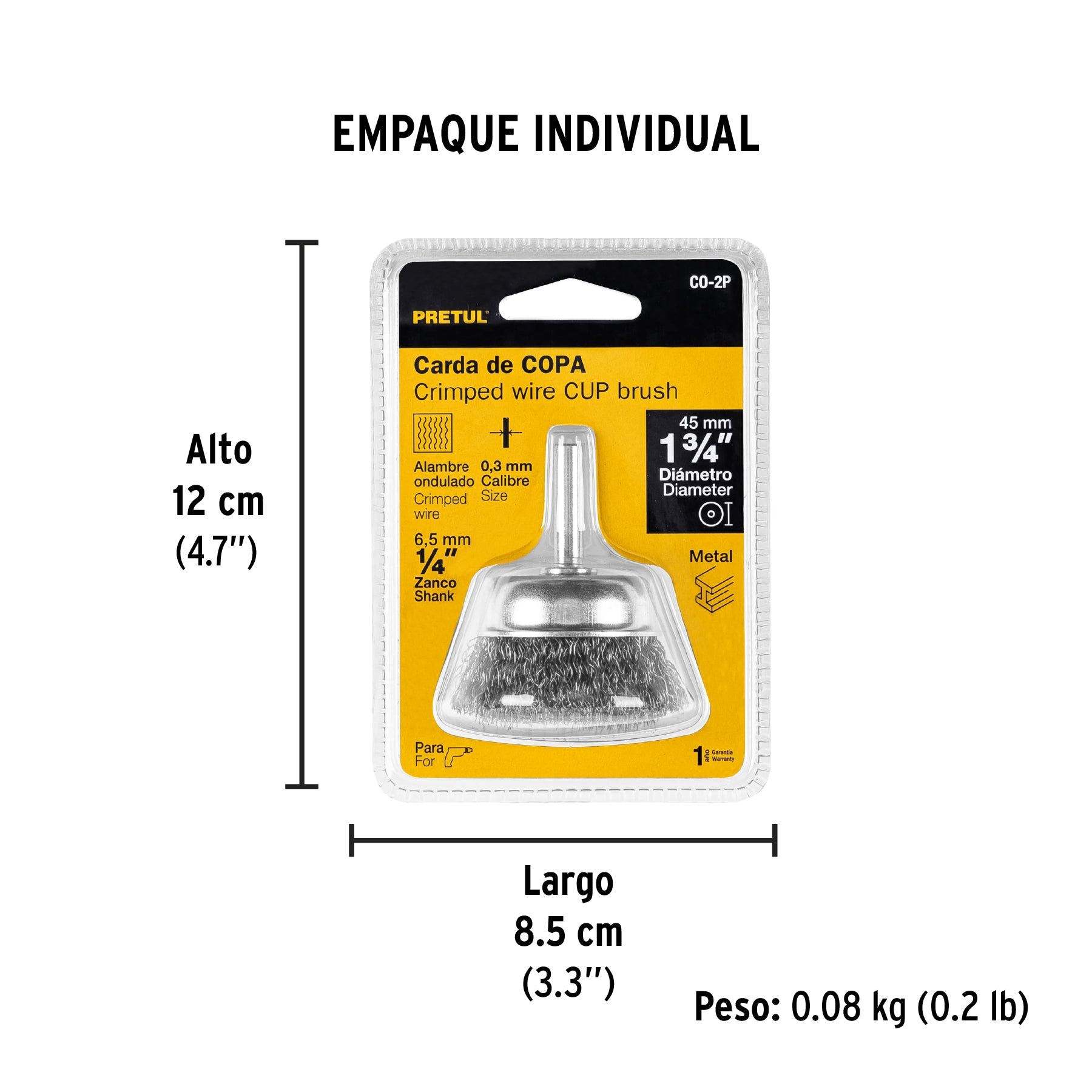 Carda de copa 1-3/4" alambre grueso para taladro, PRETUL - Empaque