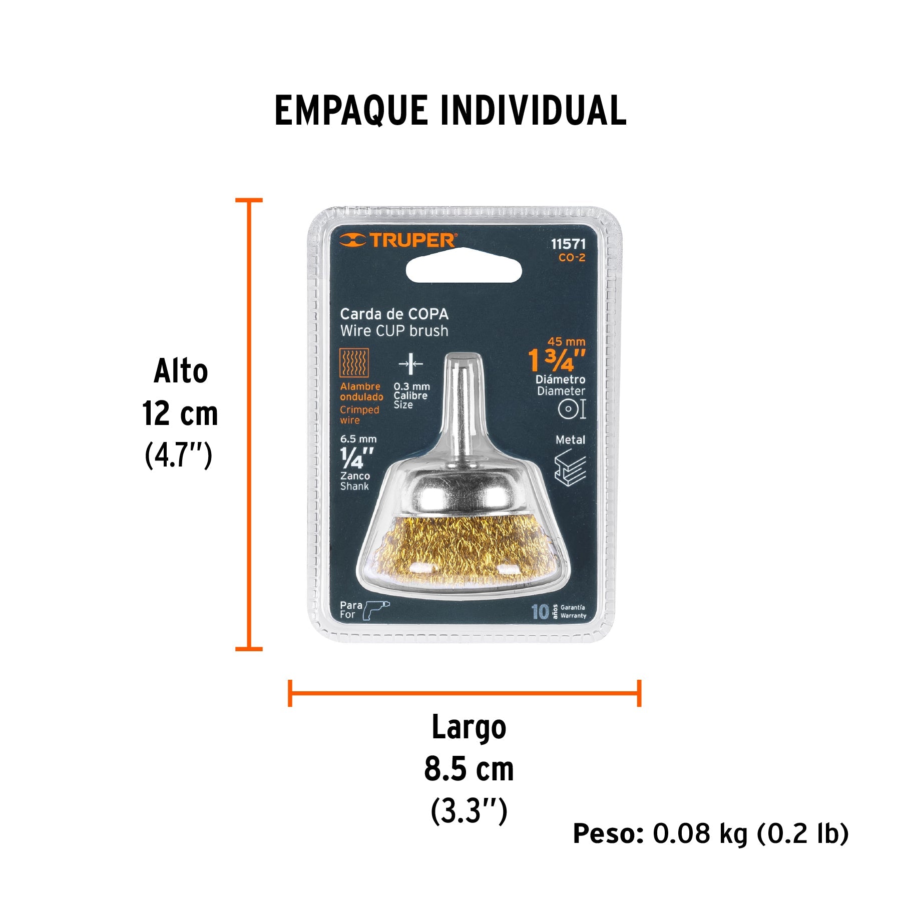 Carda de copa 1-3/4" alambre grueso para taladro, TRUPER - Empaque