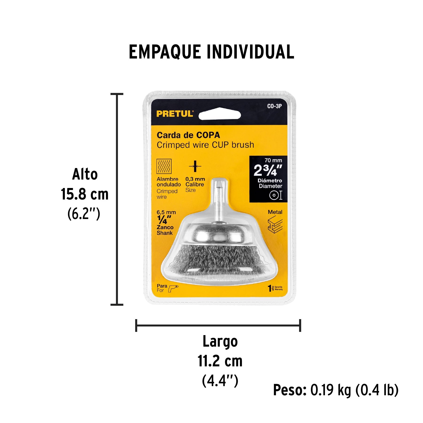 Carda de copa 2-3/4" alambre grueso para taladro, PRETUL - Empaque