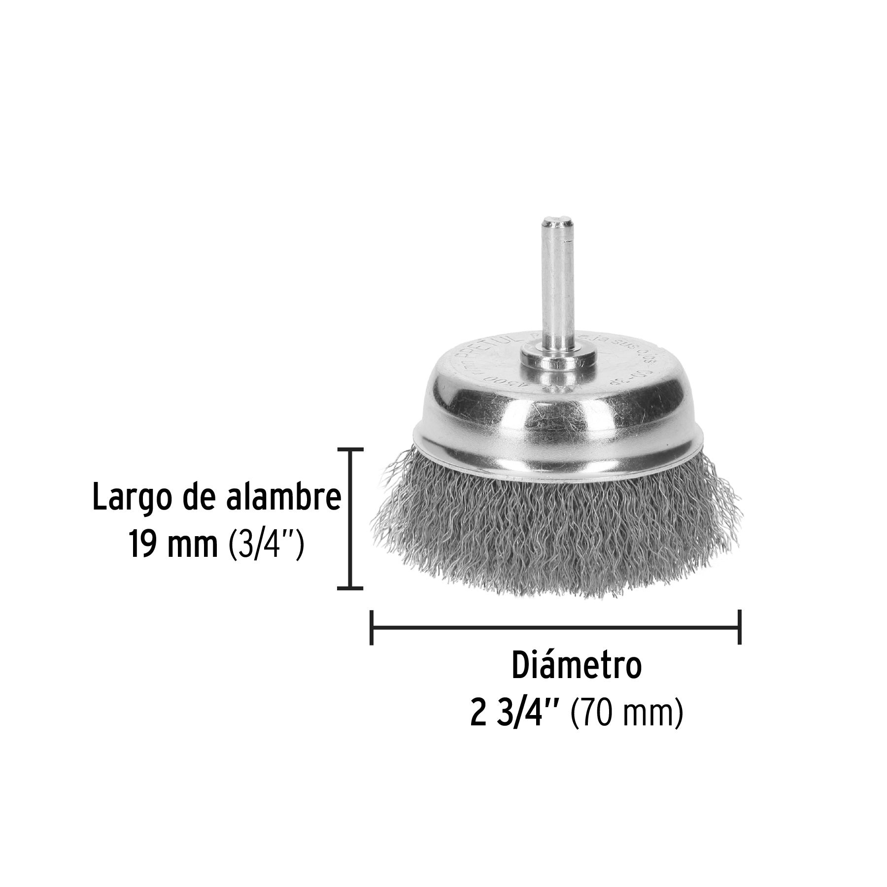 Carda de copa 2-3/4" alambre grueso para taladro, PRETUL